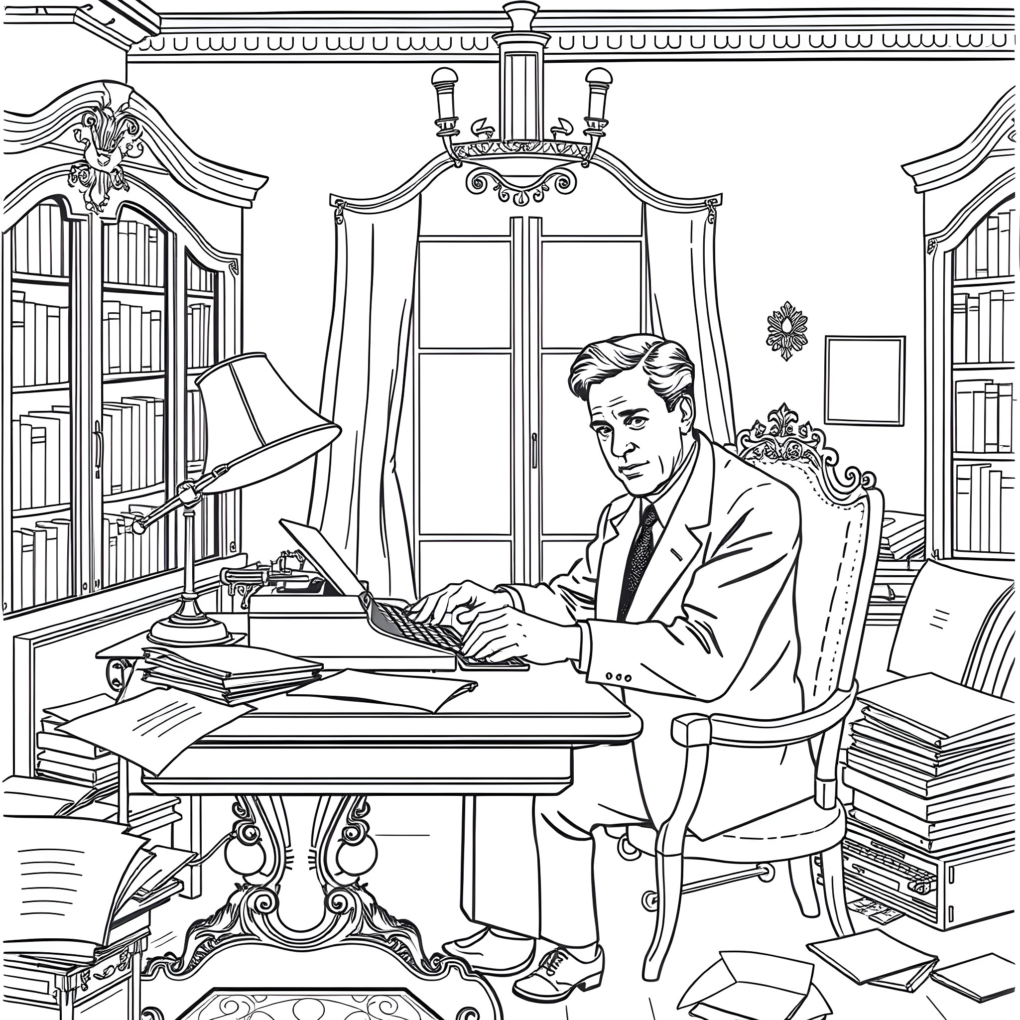 F. Scott Fitzgerald writing at his desk in a cozy library Coloring Page (free black-and-white line drawing printable PDF for all, from beginners to advanced learners, including children, teens, adults, and seniors)