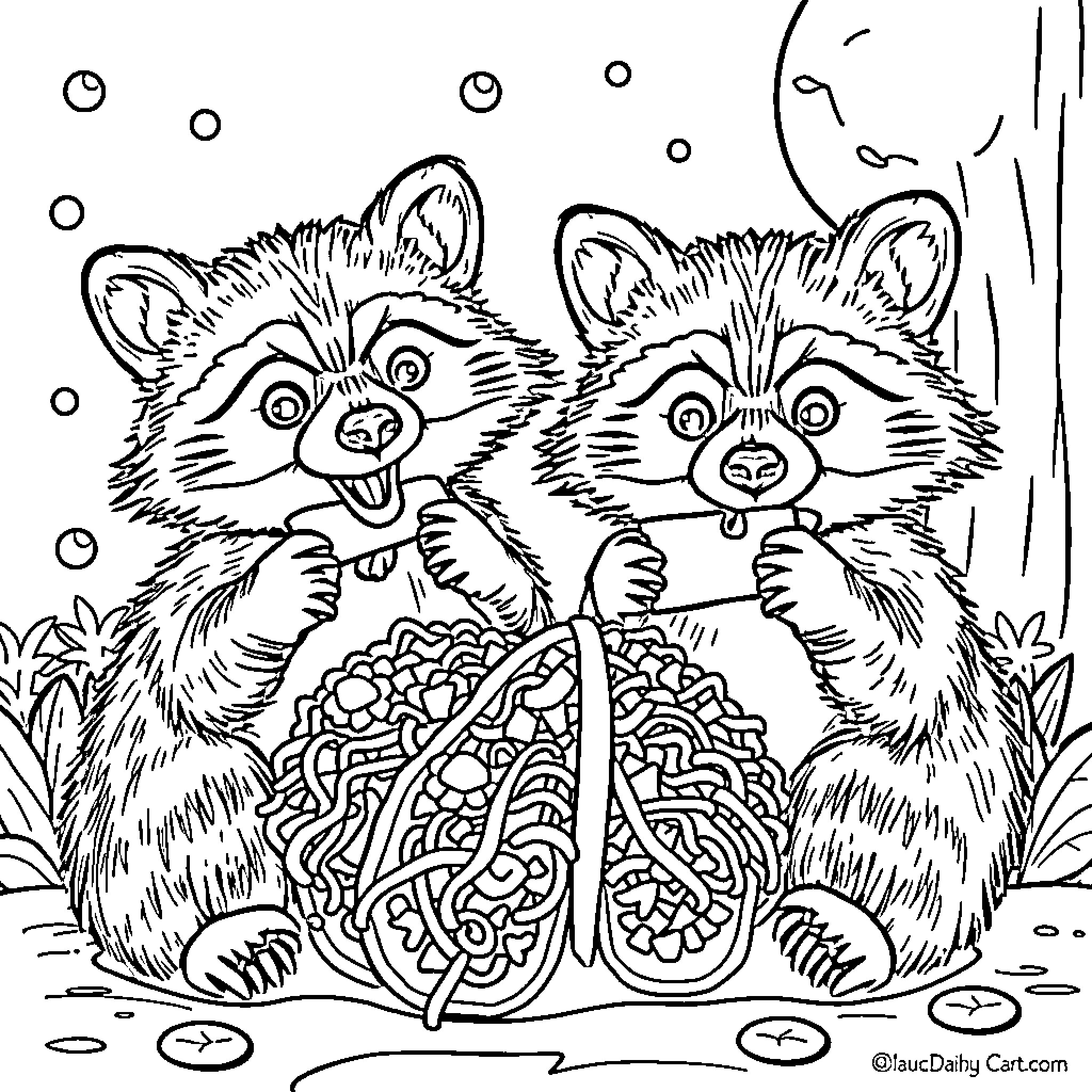 Raccoon siblings finding treasures in the forest Coloring Page (free black-and-white line drawing printable PDF for all, from beginners to advanced learners, including children, teens, adults, and seniors)