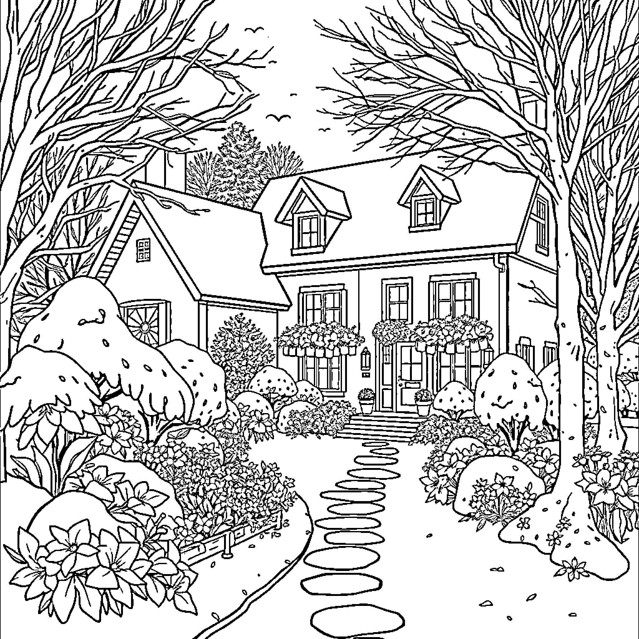 House in Winter Wonderland Coloring Page (free black-and-white line drawing printable PDF for all, from beginners to advanced learners, including children, teens, adults, and seniors)