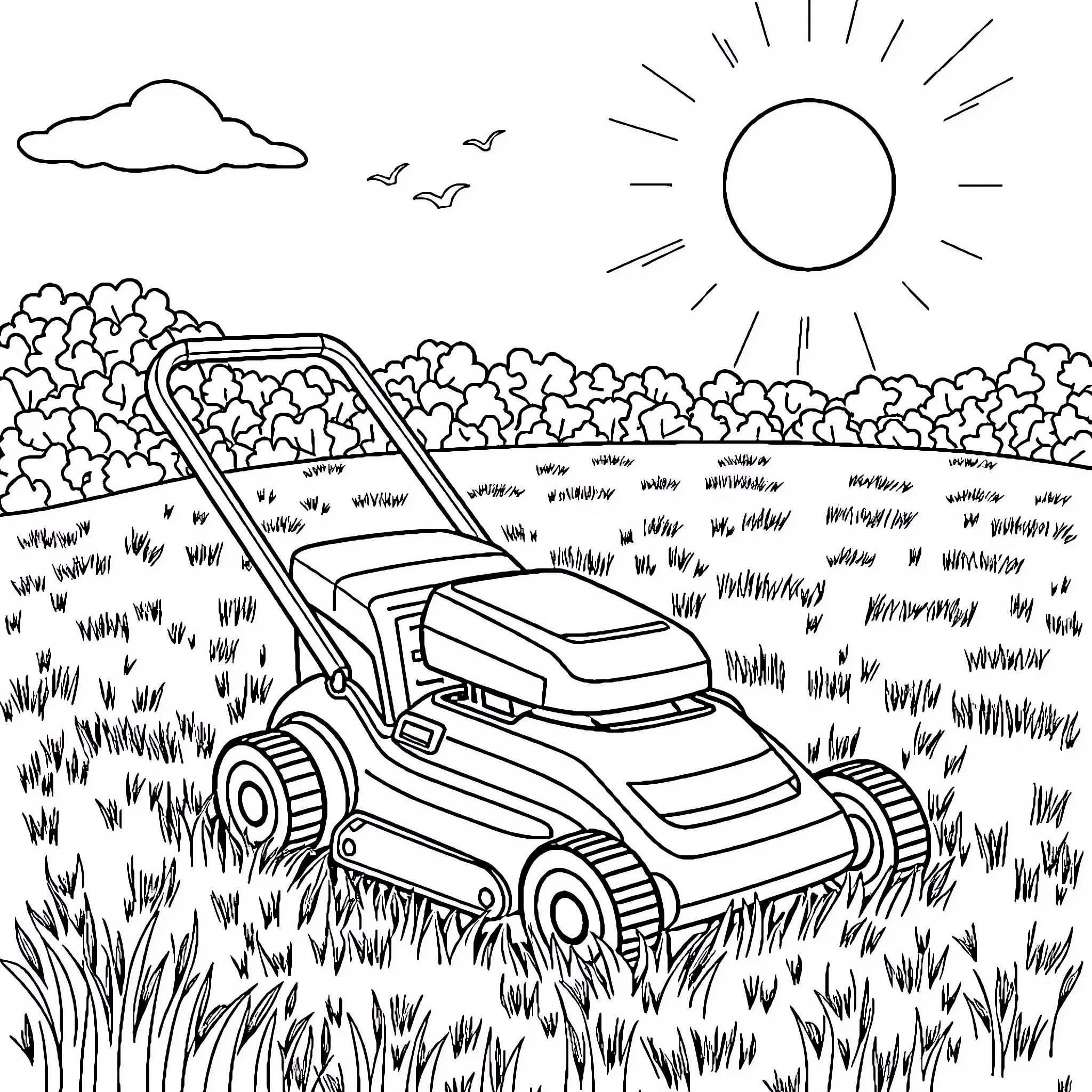 Robot Lawn Mower Cutting Grass in Sunny Meadow Coloring Page (free black-and-white line drawing printable PDF for all, from beginners to advanced learners, including children, teens, adults, and seniors)