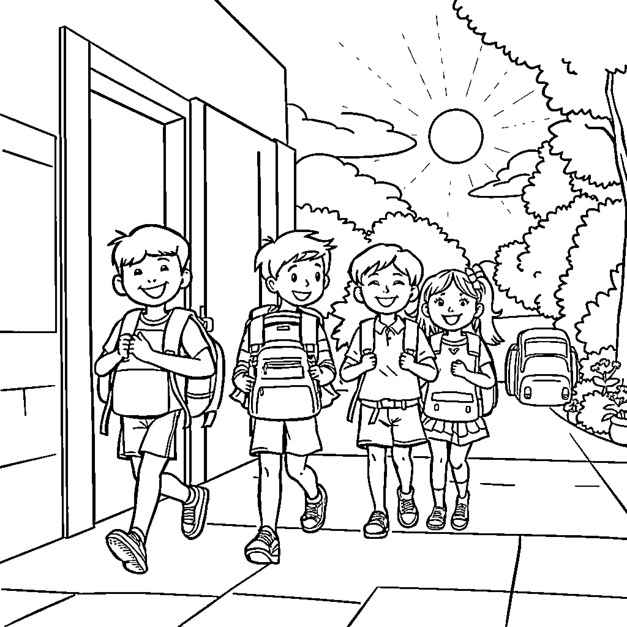 Kid friends walking to school on a sunny day Coloring Page (free black-and-white line drawing printable PDF for all, from beginners to advanced learners, including children, teens, adults, and seniors)