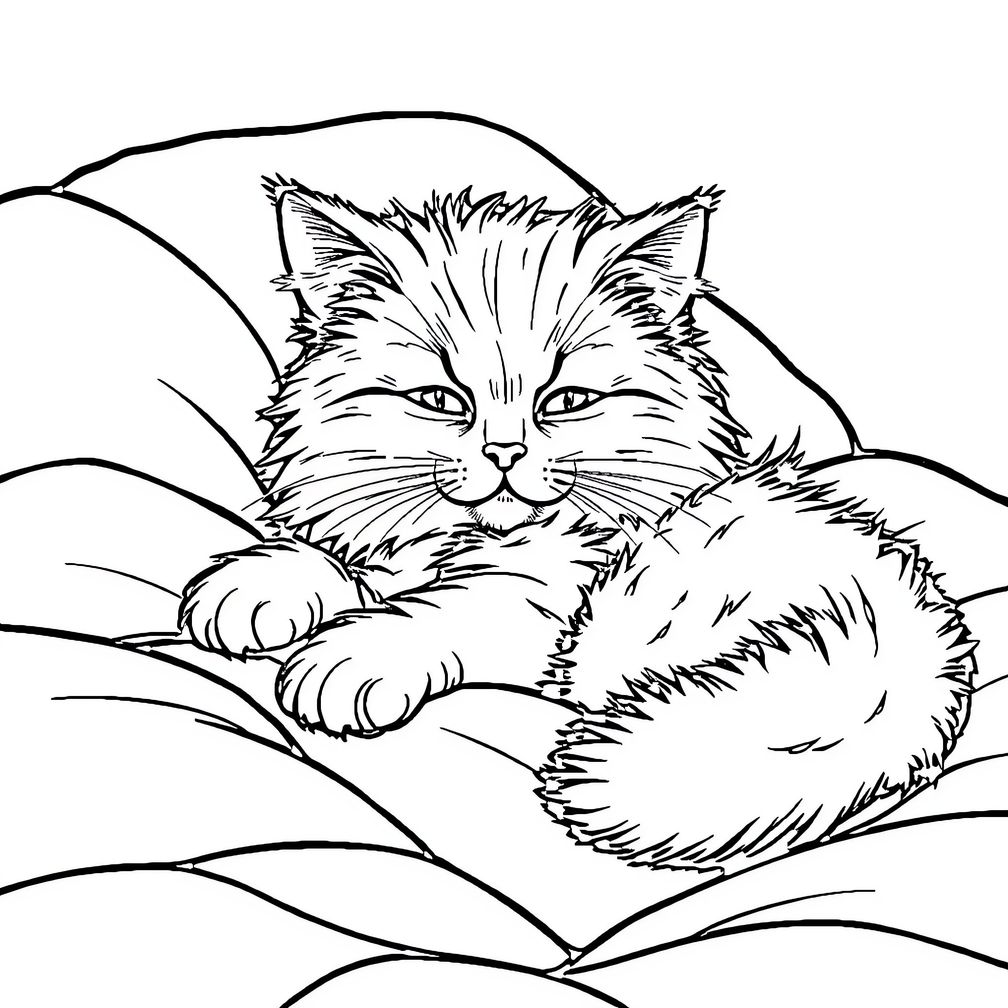 Cat resting comfortably in a cozy nook Coloring Page (free black-and-white line drawing printable PDF for all, from beginners to advanced learners, including children, teens, adults, and seniors)