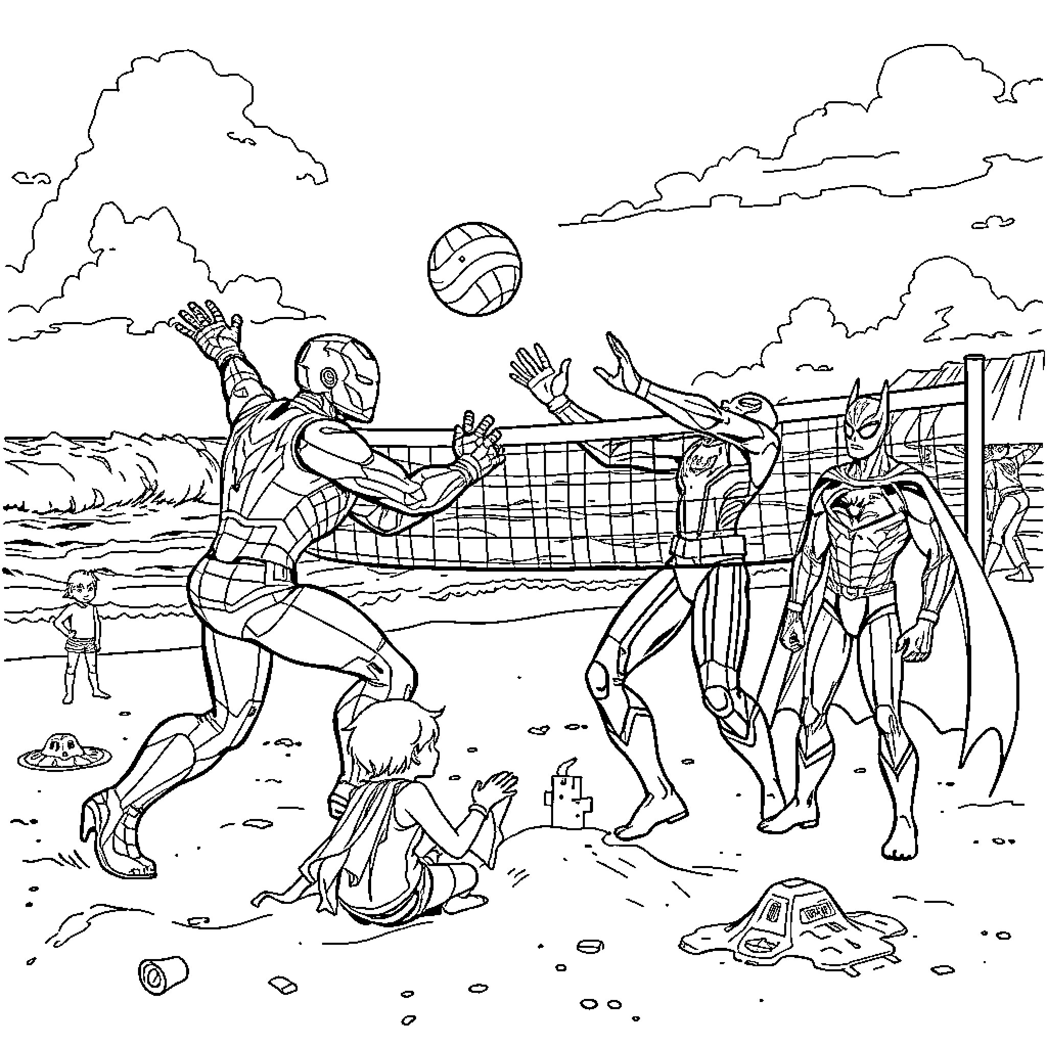 Superheroes playing volleyball on the beach Coloring Page (free black-and-white line drawing printable PDF for all, from beginners to advanced learners, including children, teens, adults, and seniors)