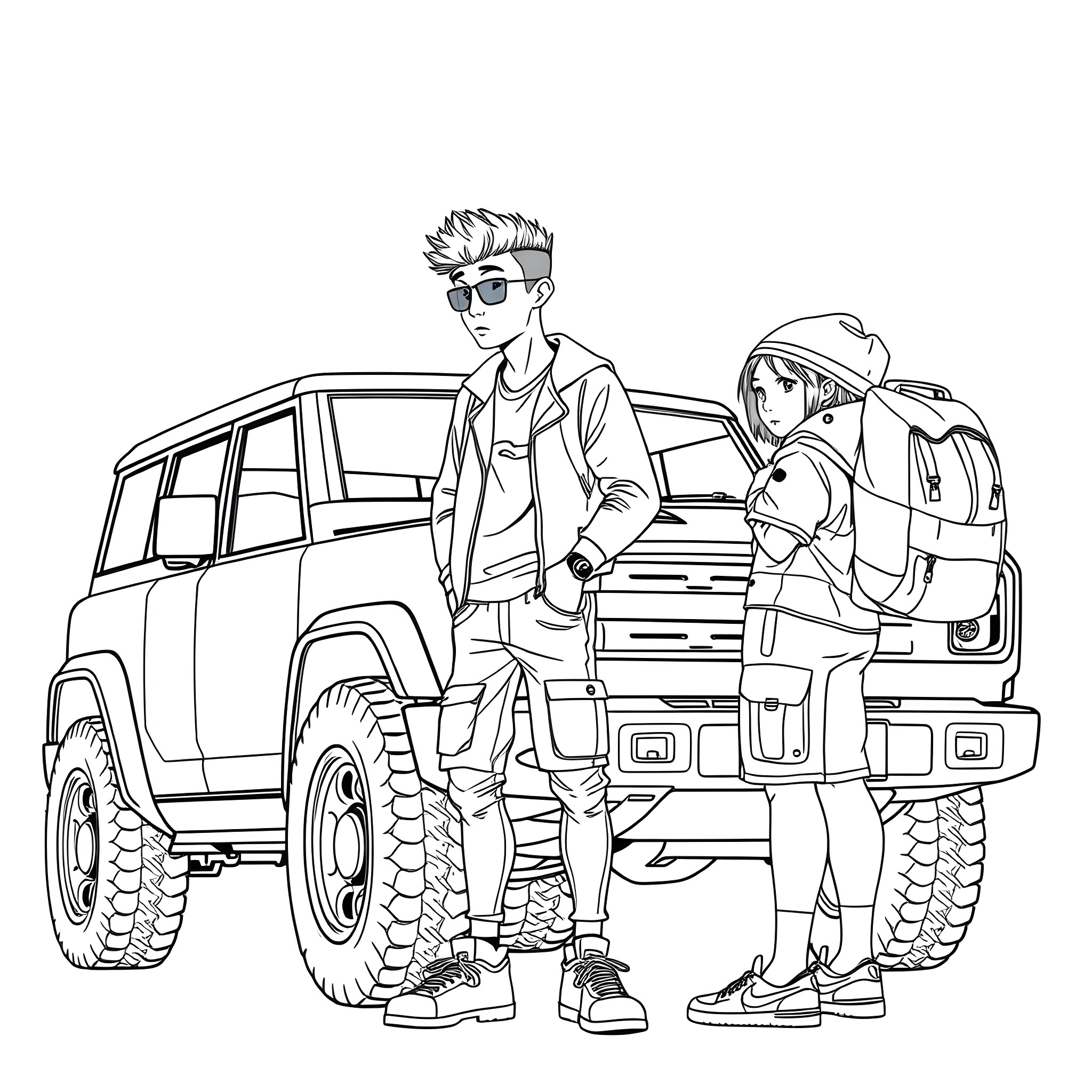 Teen Guy Exploring the Outdoors with a Companion Coloring Page (free black-and-white line drawing printable PDF for all, from beginners to advanced learners, including children, teens, adults, and seniors)