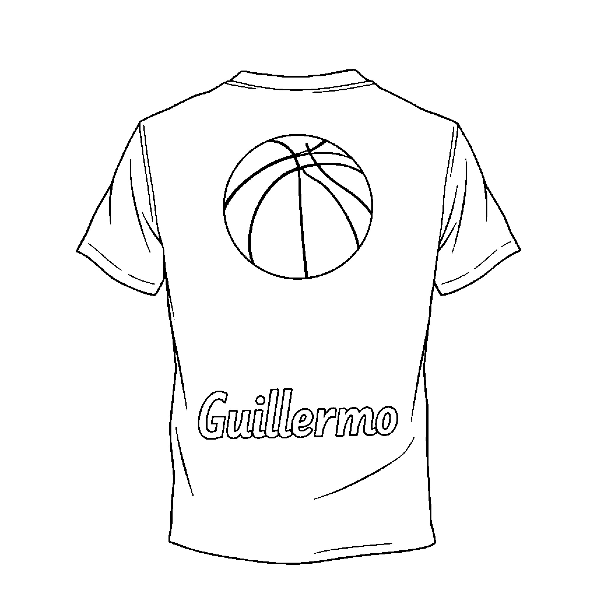 T-Shirt with basketball design and name Coloring Page (free black-and-white line drawing printable PDF for all, from beginners to advanced learners, including children, teens, adults, and seniors)