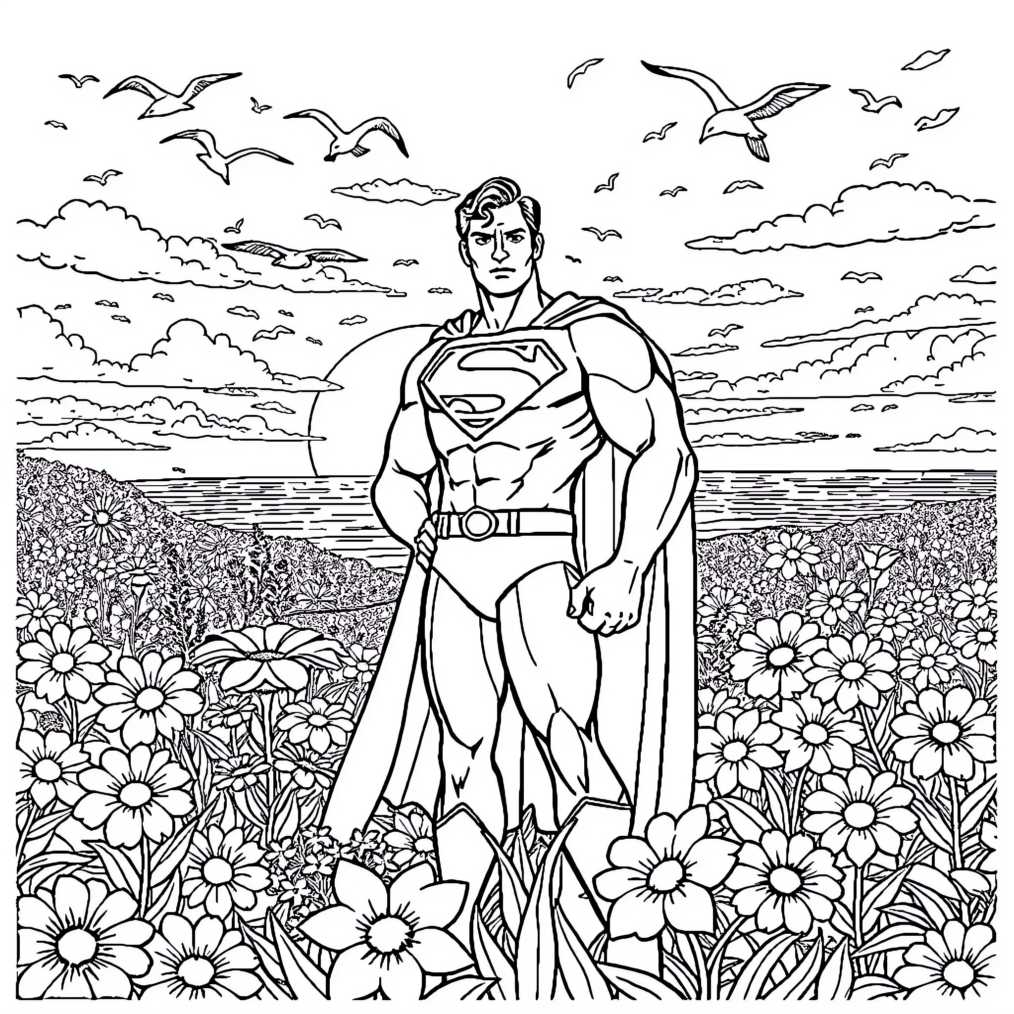 Superman soaring over a field of flowers Coloring Page (free black-and-white line drawing printable PDF for all, from beginners to advanced learners, including children, teens, adults, and seniors)