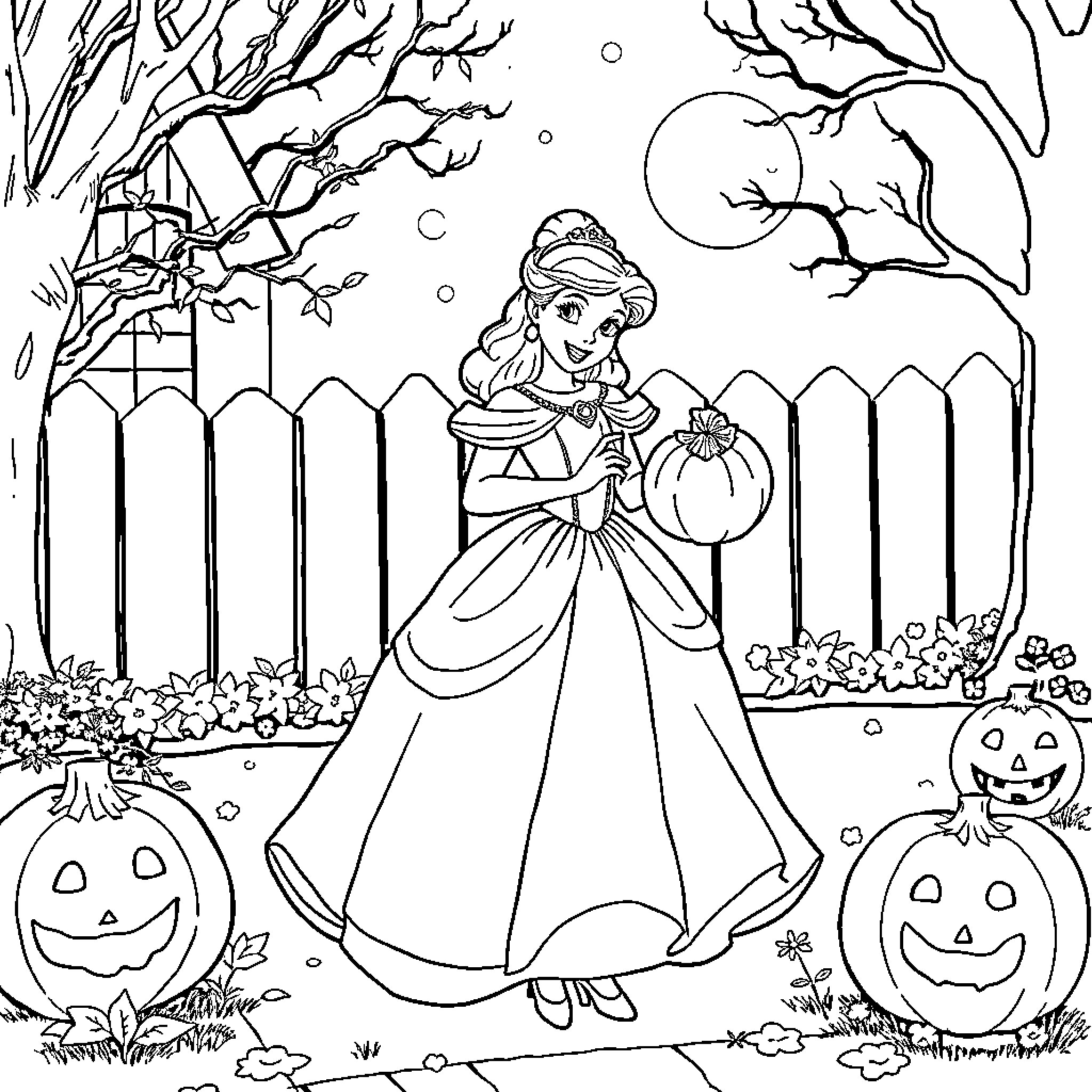Belle in a Halloween-themed garden Coloring Page (free black-and-white line drawing printable PDF for all, from beginners to advanced learners, including children, teens, adults, and seniors)
