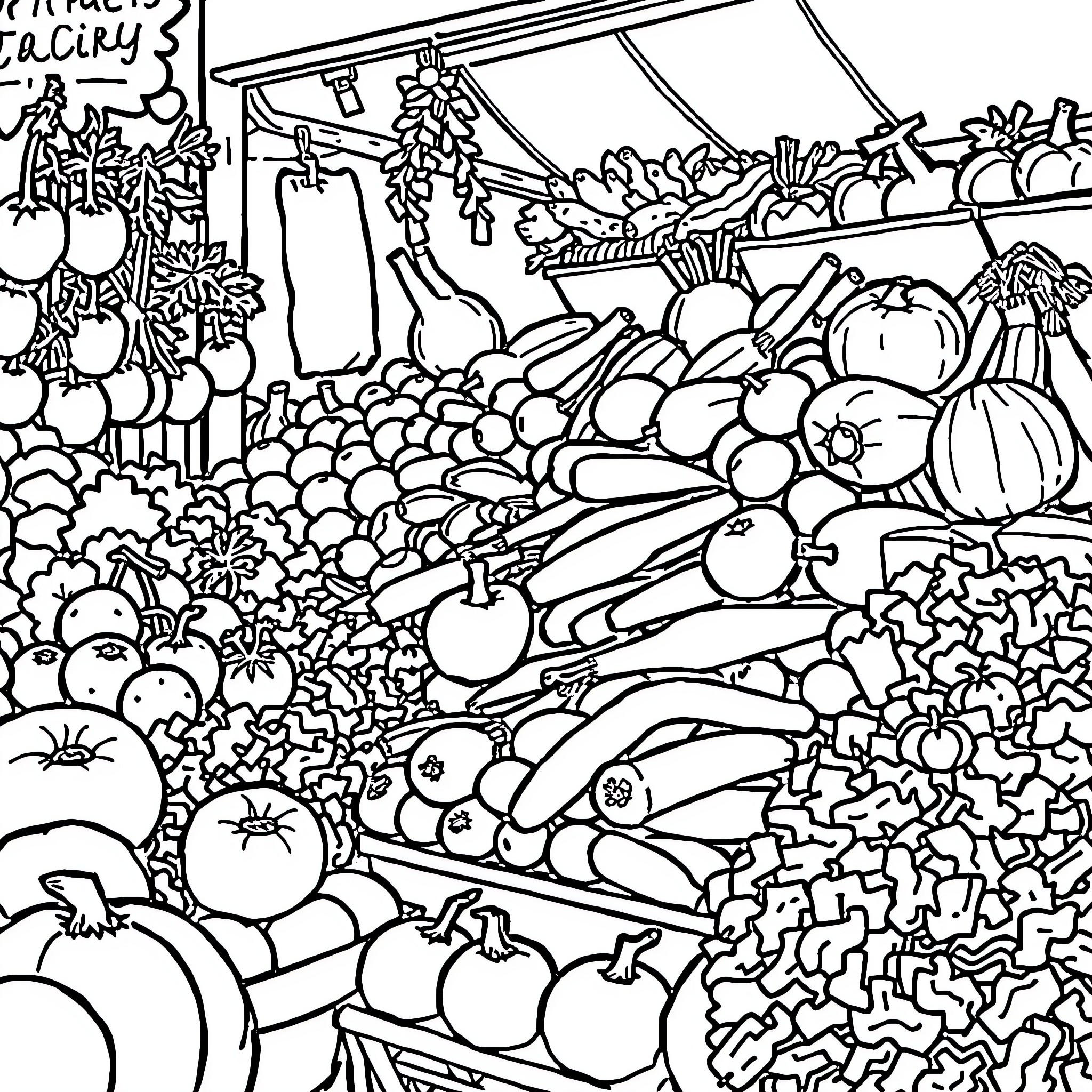 Vegetable Market Filled with Diverse Produce Coloring Page (free black-and-white line drawing printable PDF for all, from beginners to advanced learners, including children, teens, adults, and seniors)