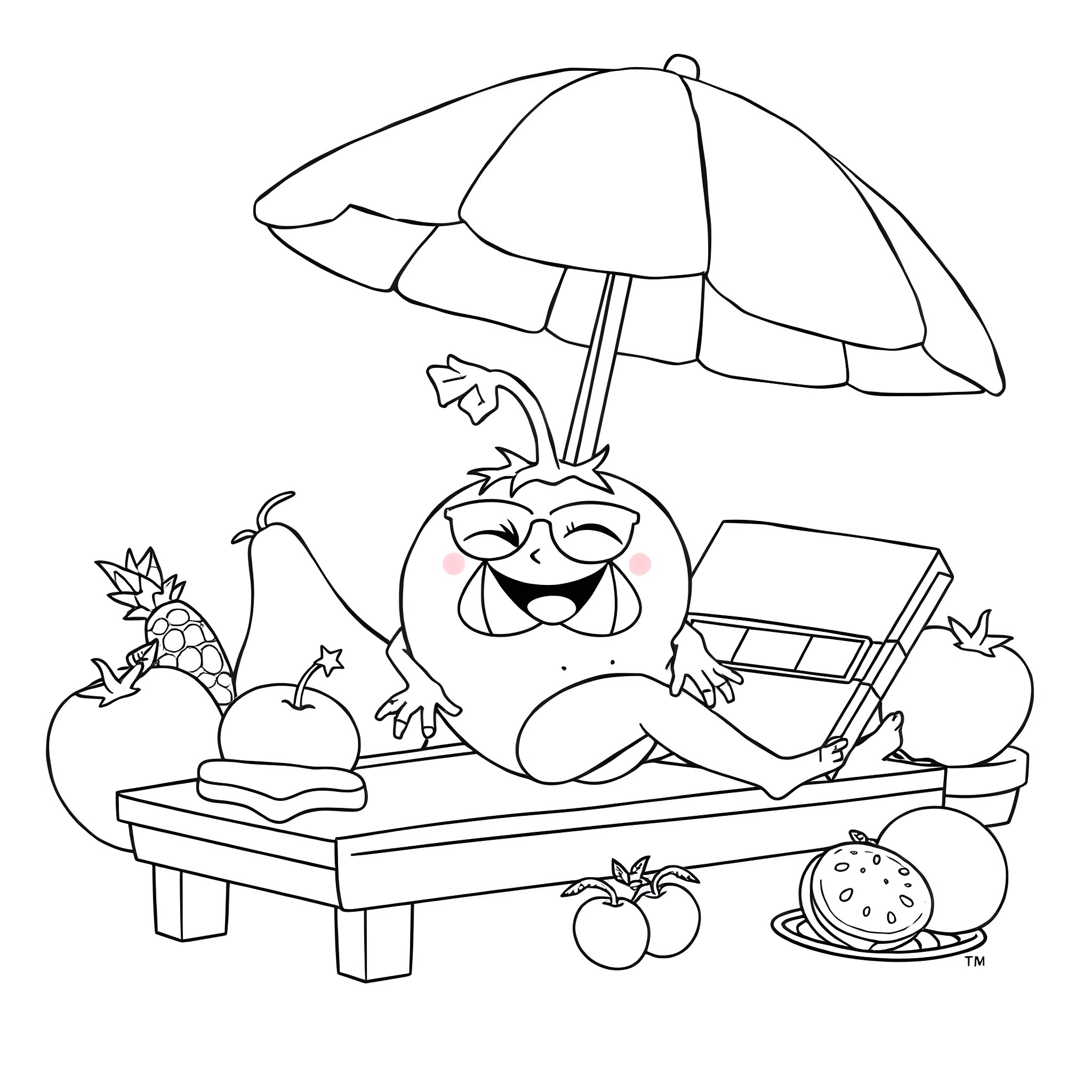 Tomato relaxing under umbrella with fruits and books Coloring Page (free black-and-white line drawing printable PDF for all, from beginners to advanced learners, including children, teens, adults, and seniors)