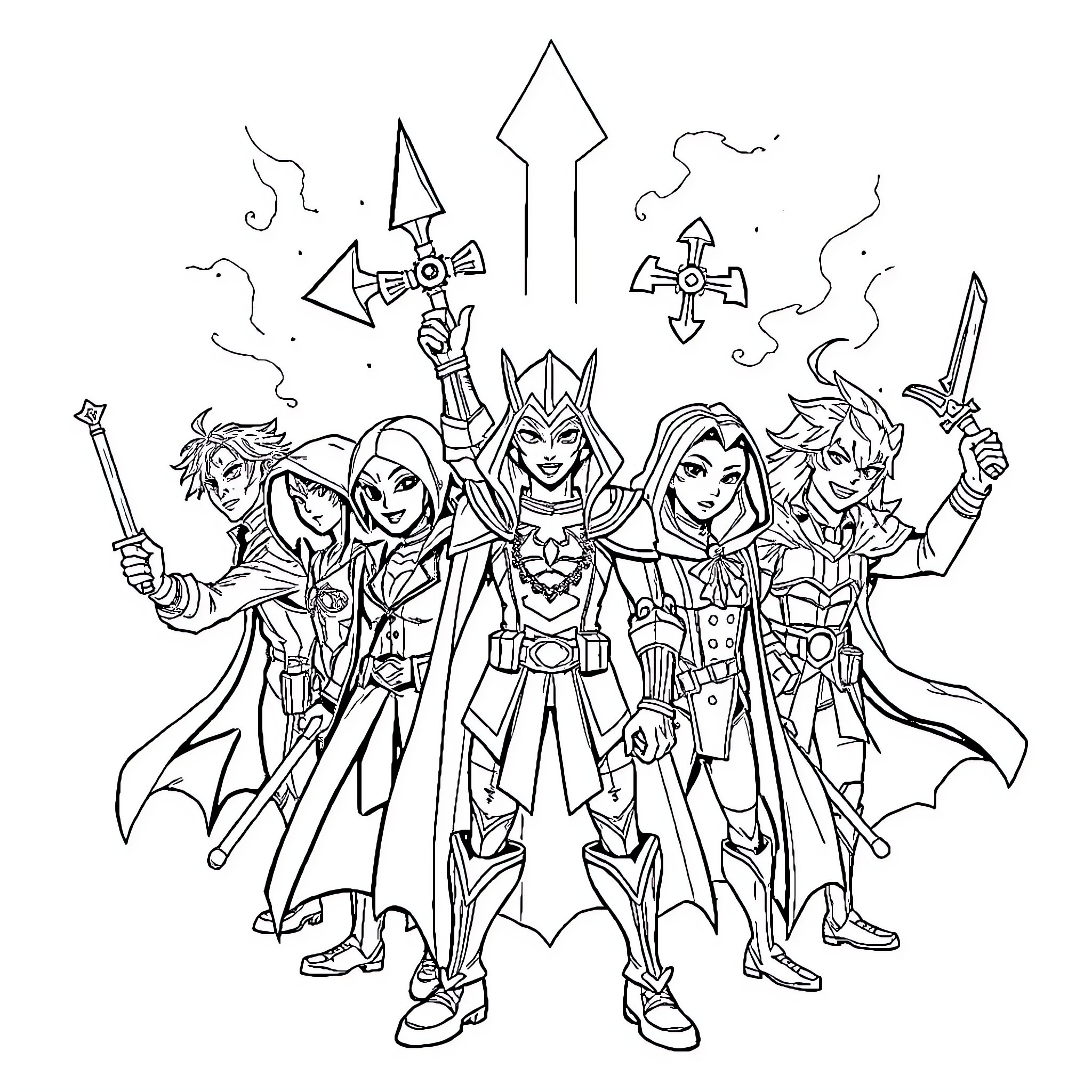 Seven Sins: A Gathering of Fantasy Heroes Coloring Page (free black-and-white line drawing printable PDF for all, from beginners to advanced learners, including children, teens, adults, and seniors)