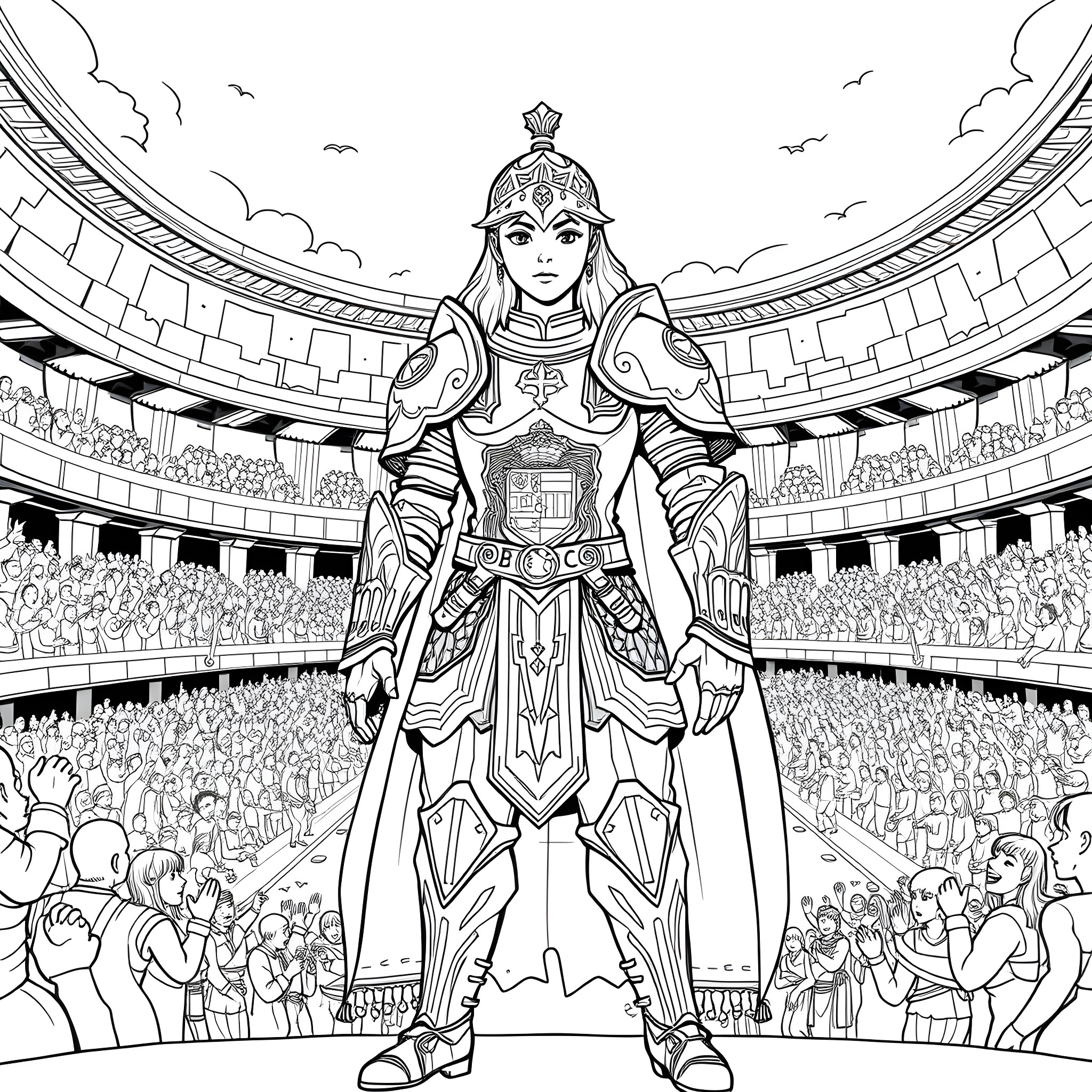 Seya, the Heroic Warrior in the Grand Arena Coloring Page (free black-and-white line drawing printable PDF for all, from beginners to advanced learners, including children, teens, adults, and seniors)