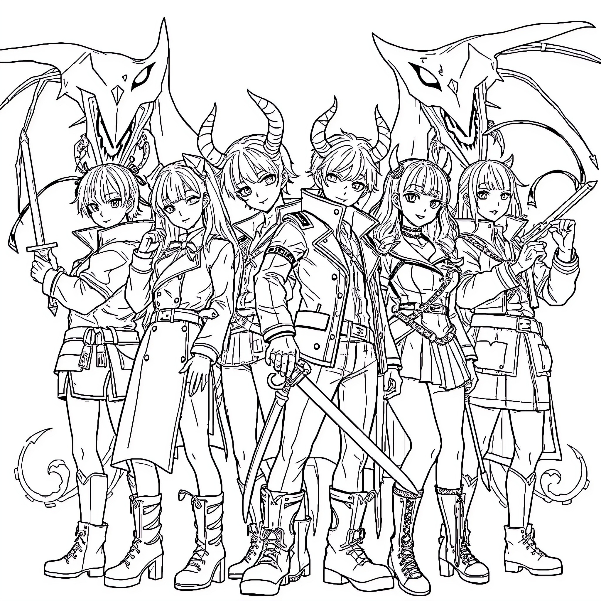 Demon Hunter Squad in Action Coloring Page (free black-and-white line drawing printable PDF for all, from beginners to advanced learners, including children, teens, adults, and seniors)