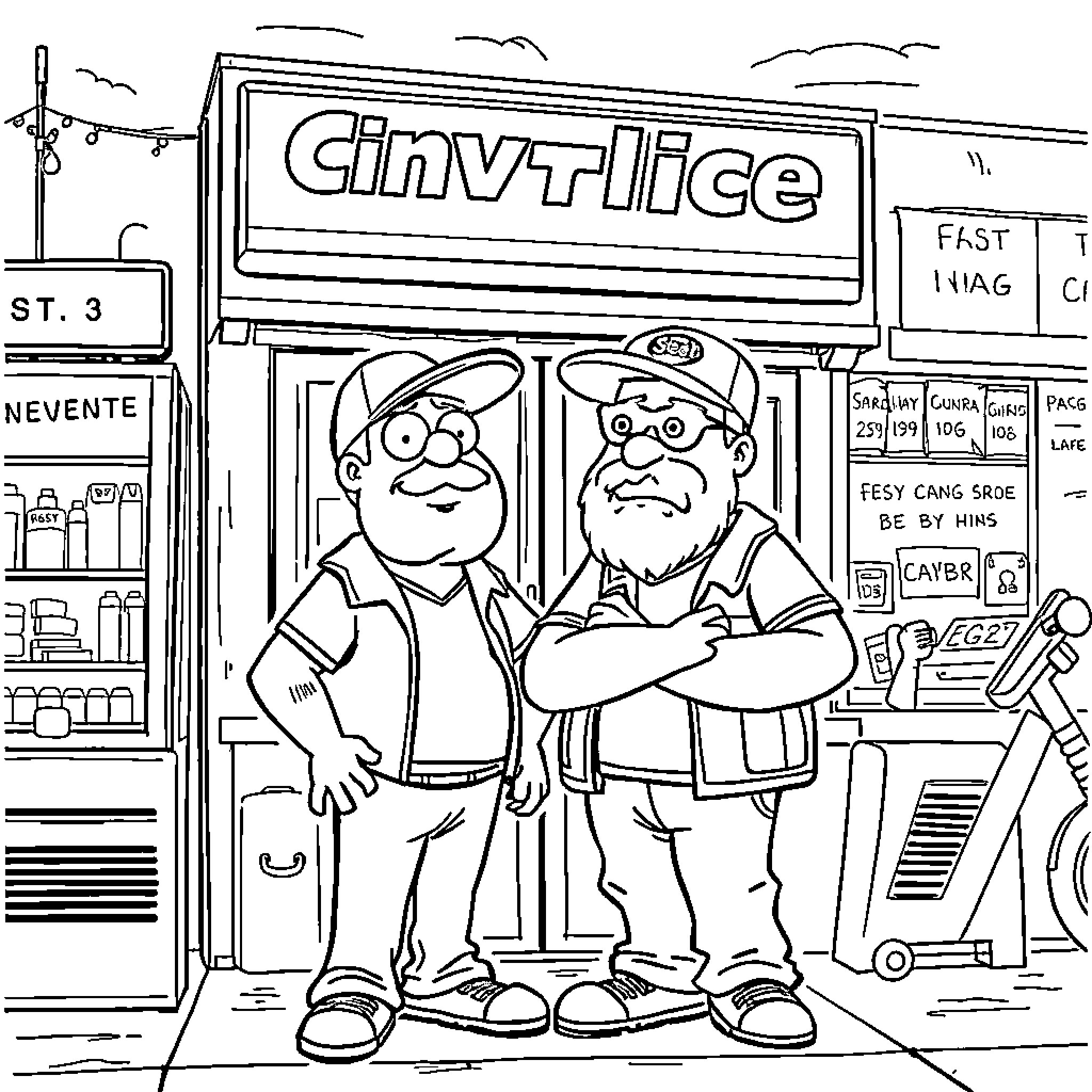 Jay and Silent Bob at the Convenient Store Coloring Page (free black-and-white line drawing printable PDF for all, from beginners to advanced learners, including children, teens, adults, and seniors)