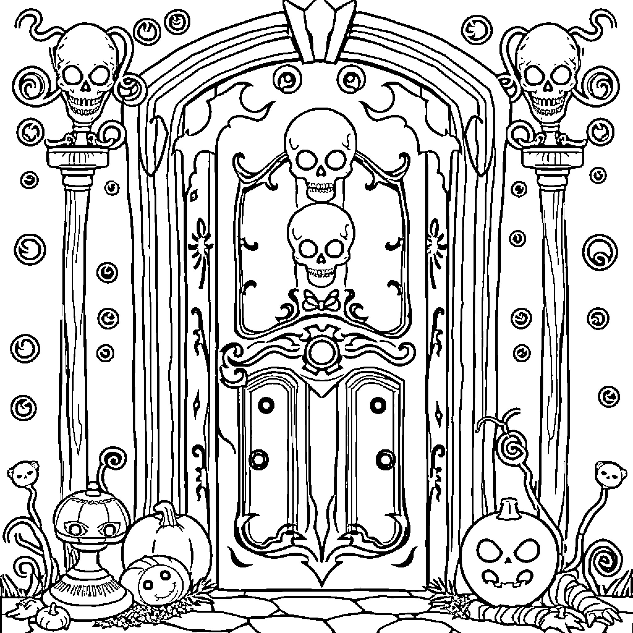 Cruella's Haunted House of Horrors Coloring Page (free black-and-white line drawing printable PDF for all, from beginners to advanced learners, including children, teens, adults, and seniors)