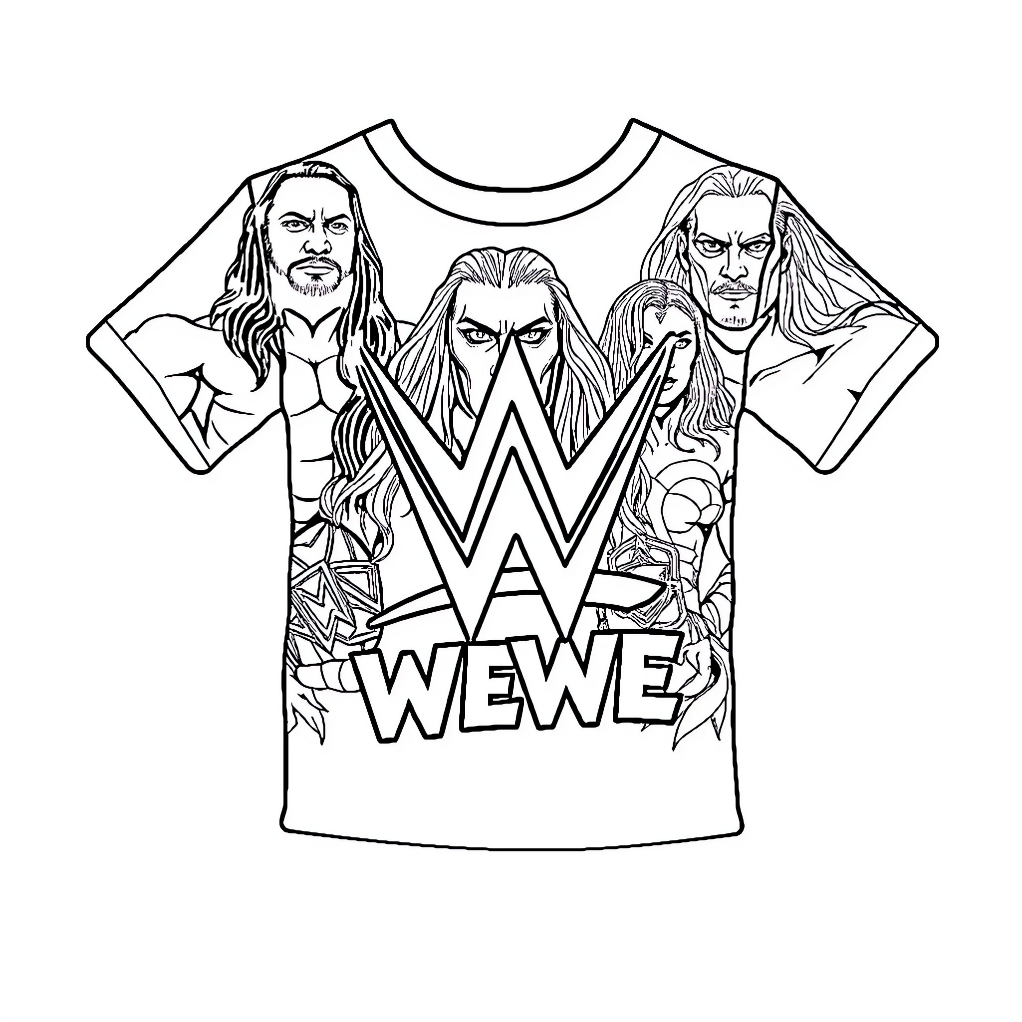 WWE T-shirt Featuring Wrestlers in Action Poses Coloring Page (free black-and-white line drawing printable PDF for all, from beginners to advanced learners, including children, teens, adults, and seniors)