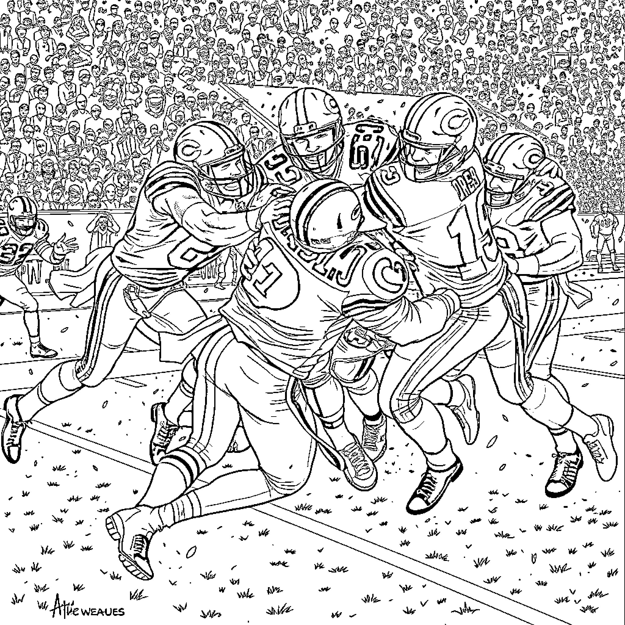 Chicago Bears in an Intense Football Clash Coloring Page (free black-and-white line drawing printable PDF for all, from beginners to advanced learners, including children, teens, adults, and seniors)
