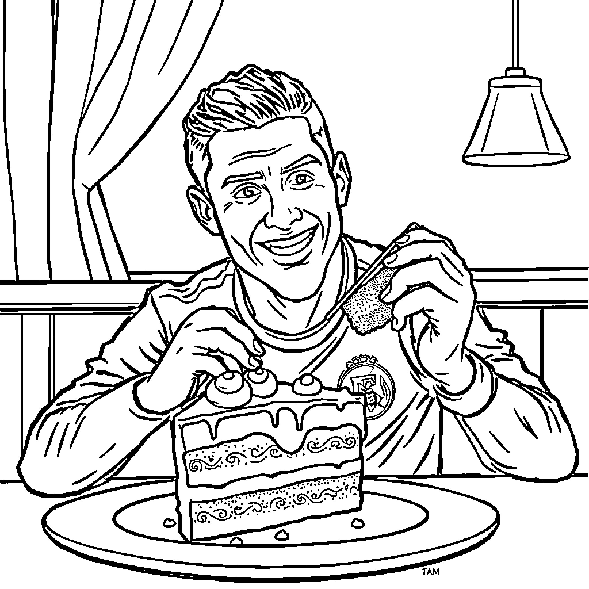 Ronaldo enjoys a delicious cake in a cozy setting Coloring Page (free black-and-white line drawing printable PDF for all, from beginners to advanced learners, including children, teens, adults, and seniors)