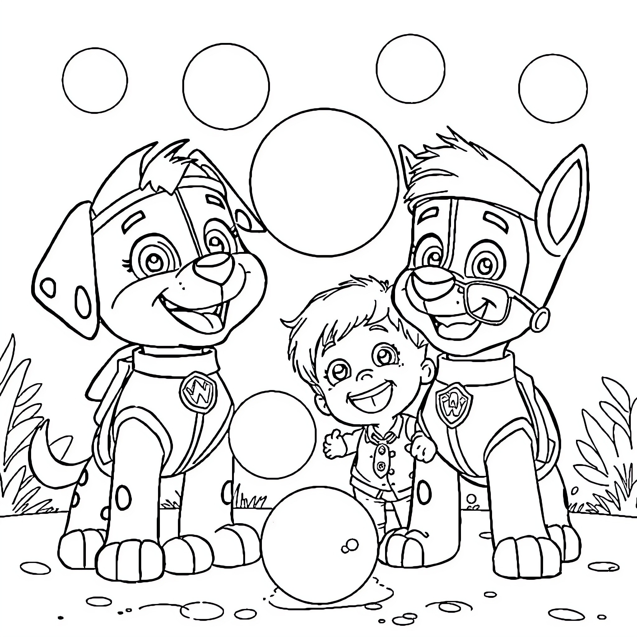 Paw Patrol playing and exploring in the park Coloring Page (free black-and-white line drawing printable PDF for all, from beginners to advanced learners, including children, teens, adults, and seniors)