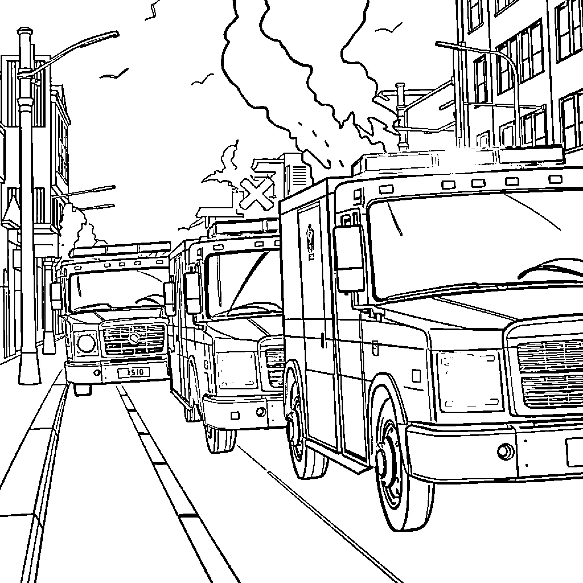 Emergency Vehicle Rushing Through Busy City Street Coloring Page (free black-and-white line drawing printable PDF for all, from beginners to advanced learners, including children, teens, adults, and seniors)