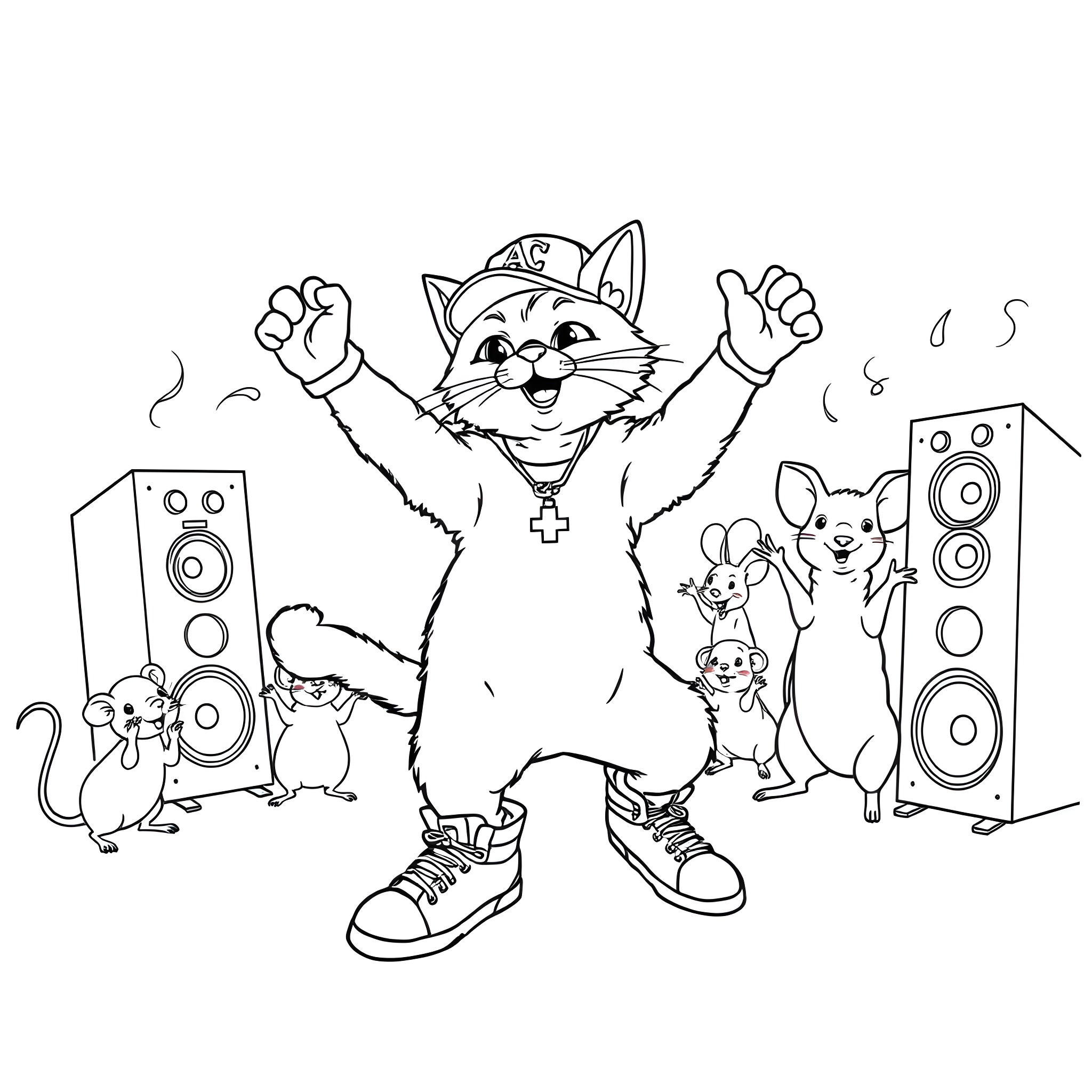 Cat musician rocking out with animal friends Coloring Page (free black-and-white line drawing printable PDF for all, from beginners to advanced learners, including children, teens, adults, and seniors)