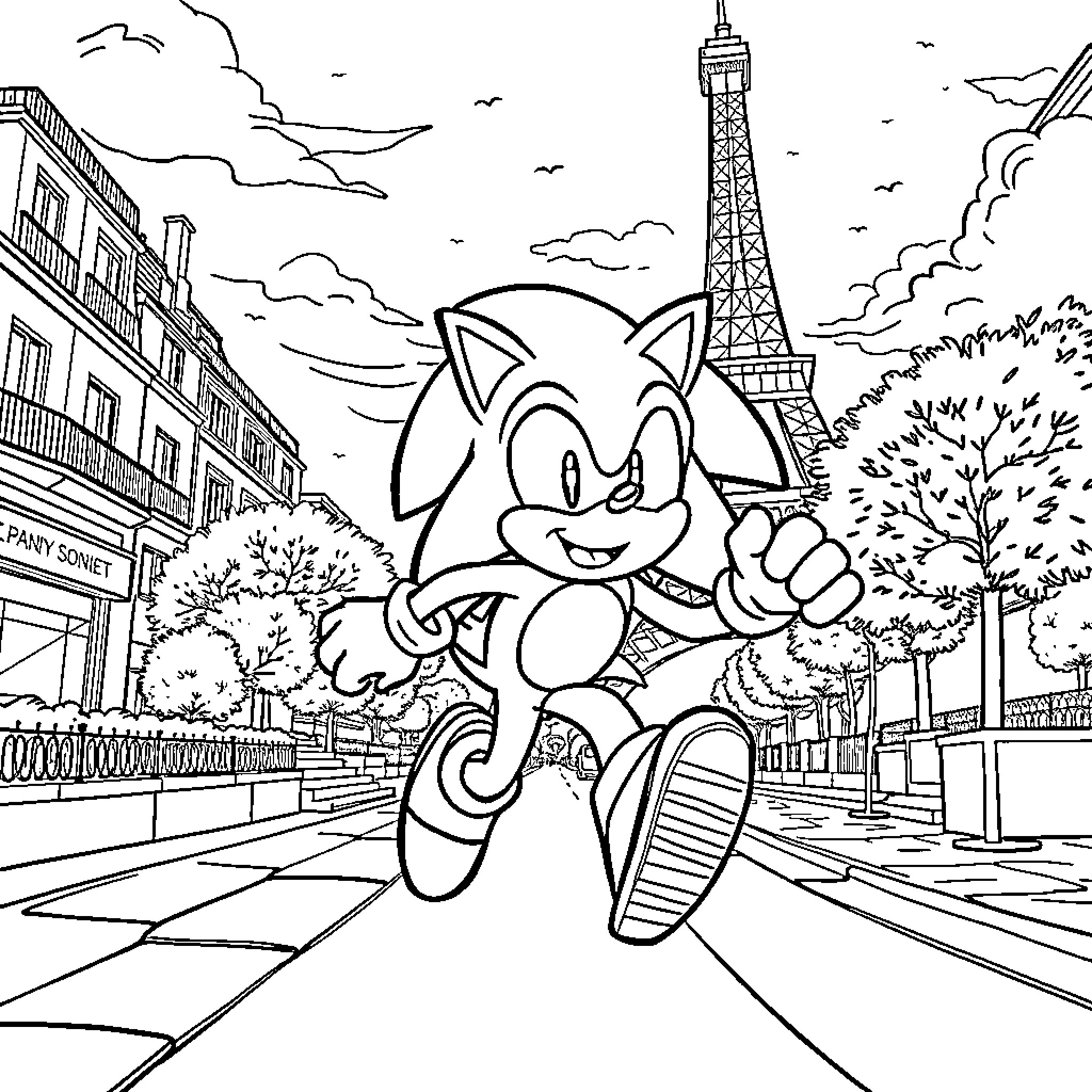 Sonic running through a Parisian street Coloring Page (free black-and-white line drawing printable PDF for all, from beginners to advanced learners, including children, teens, adults, and seniors)