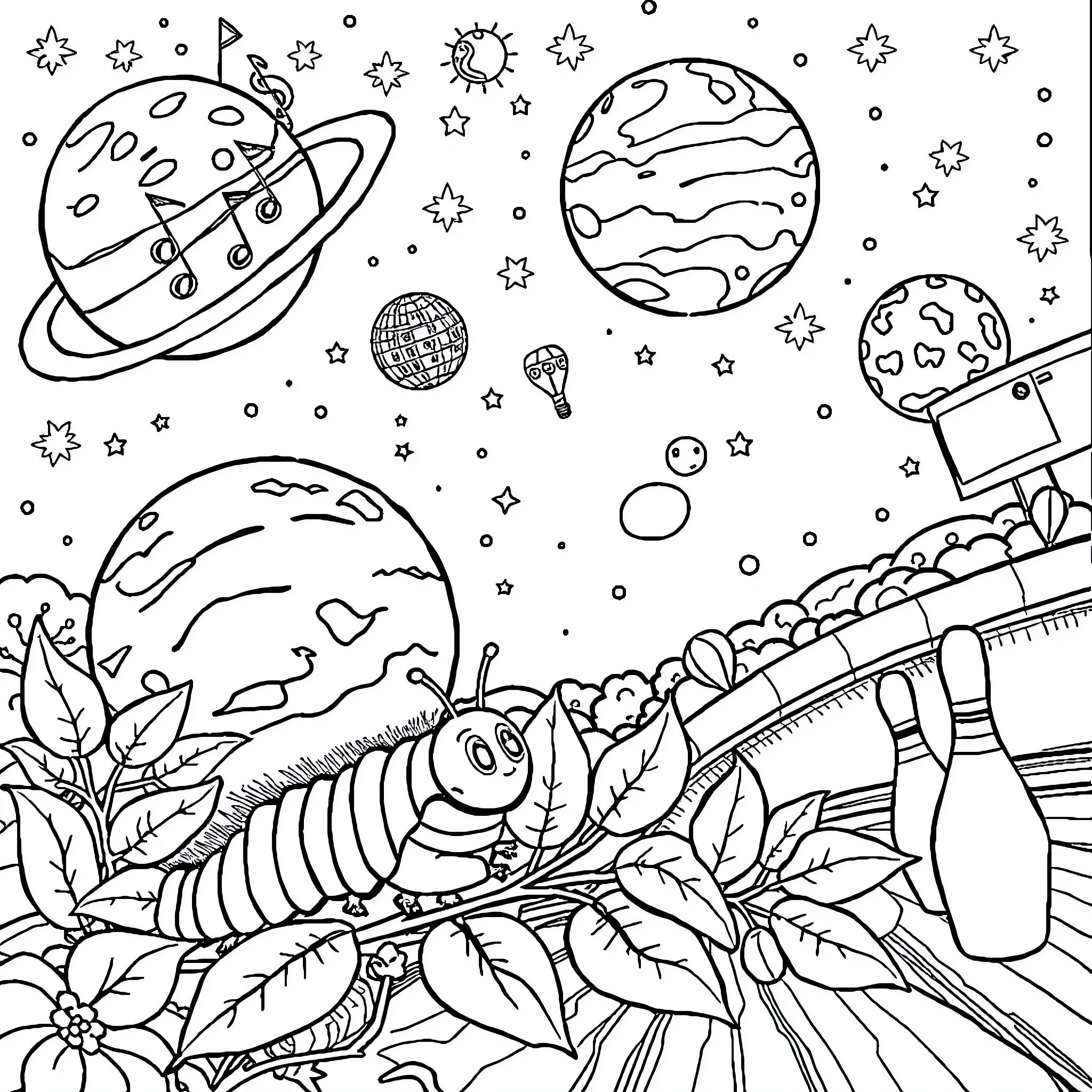 Planet with Playful Creatures in Cosmic Landscape Coloring Page (free black-and-white line drawing printable PDF for all, from beginners to advanced learners, including children, teens, adults, and seniors)