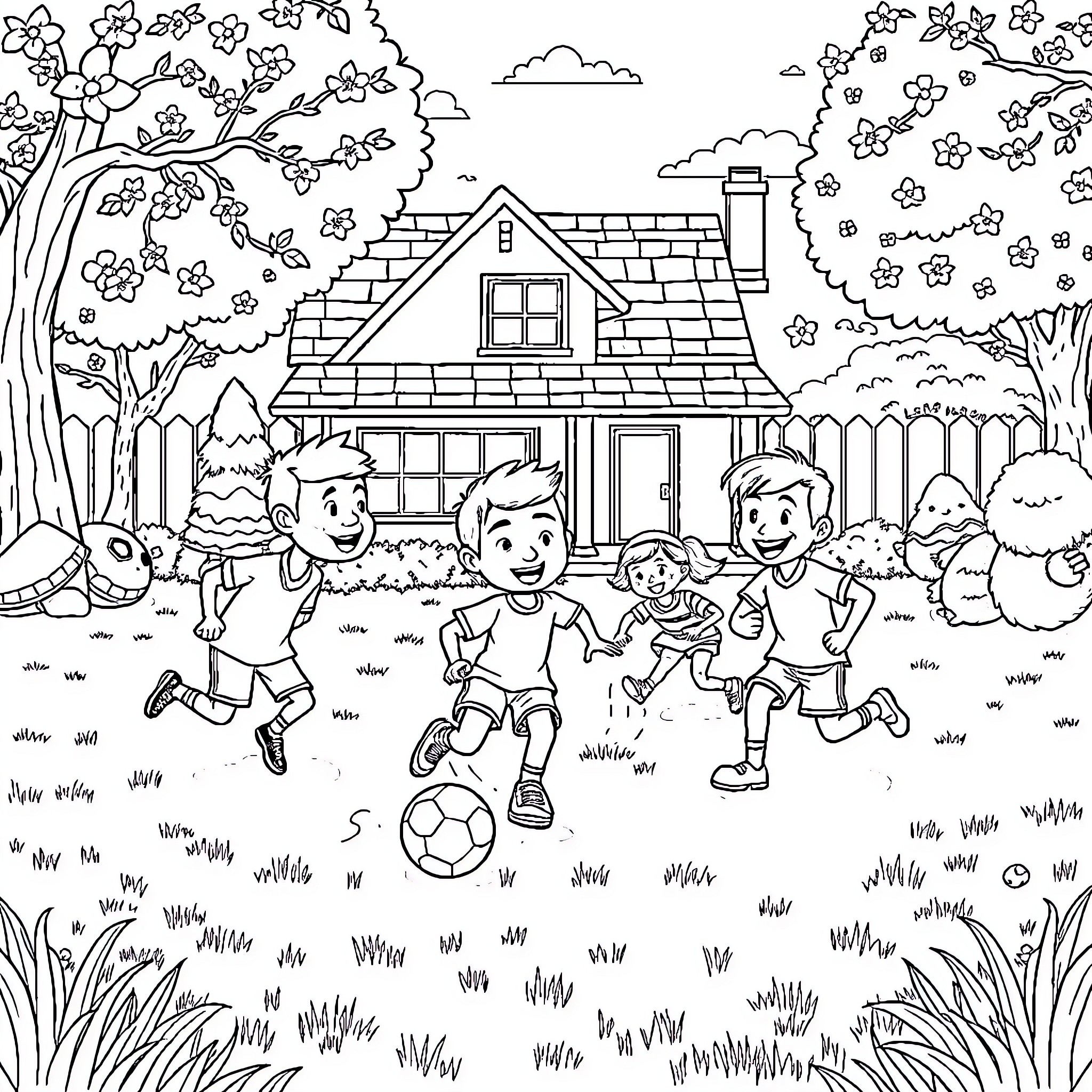 Barpapa kids playing joyfully in the backyard Coloring Page (free black-and-white line drawing printable PDF for all, from beginners to advanced learners, including children, teens, adults, and seniors)