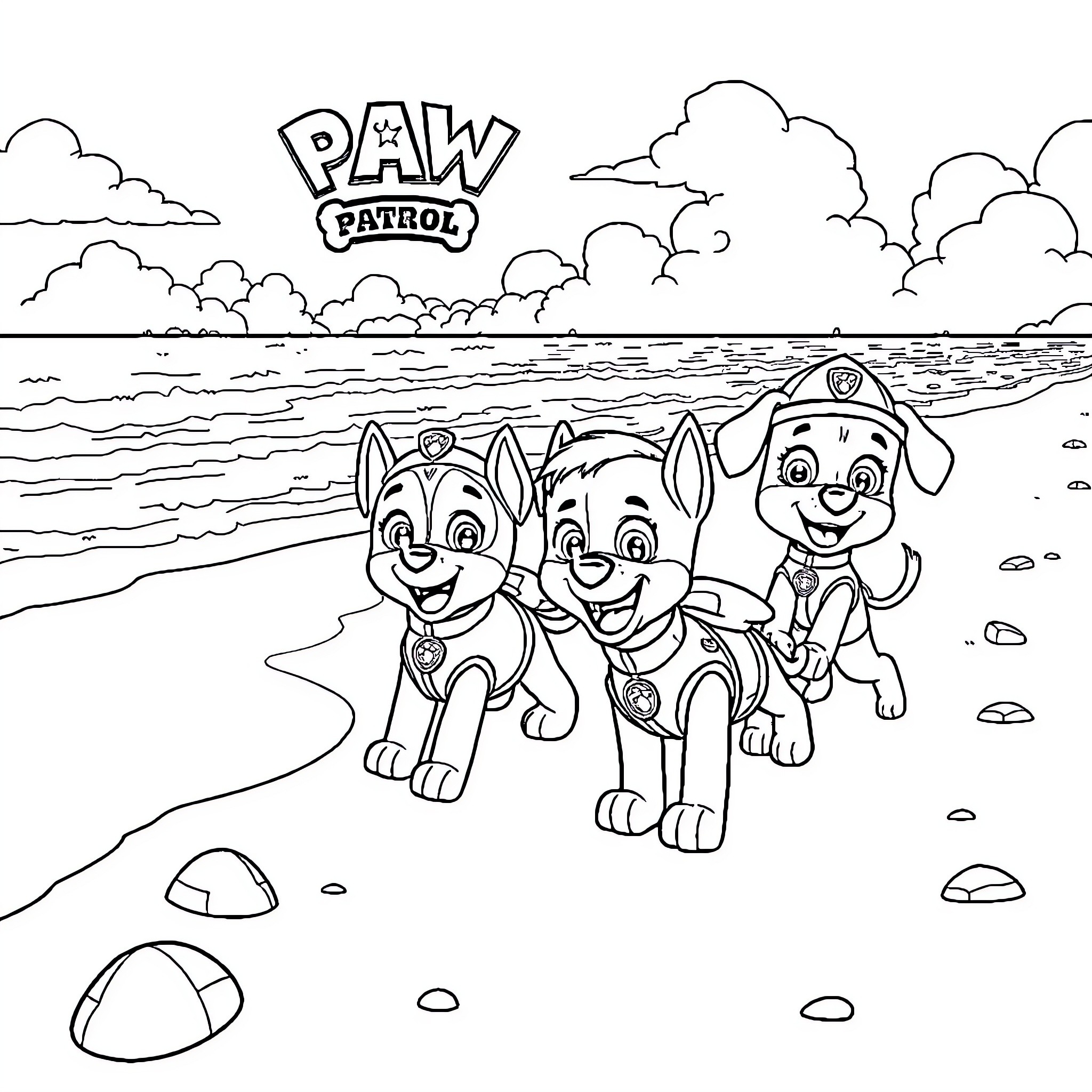 Paw Patrol pups on the beach Coloring Page (free black-and-white line drawing printable PDF for all, from beginners to advanced learners, including children, teens, adults, and seniors)