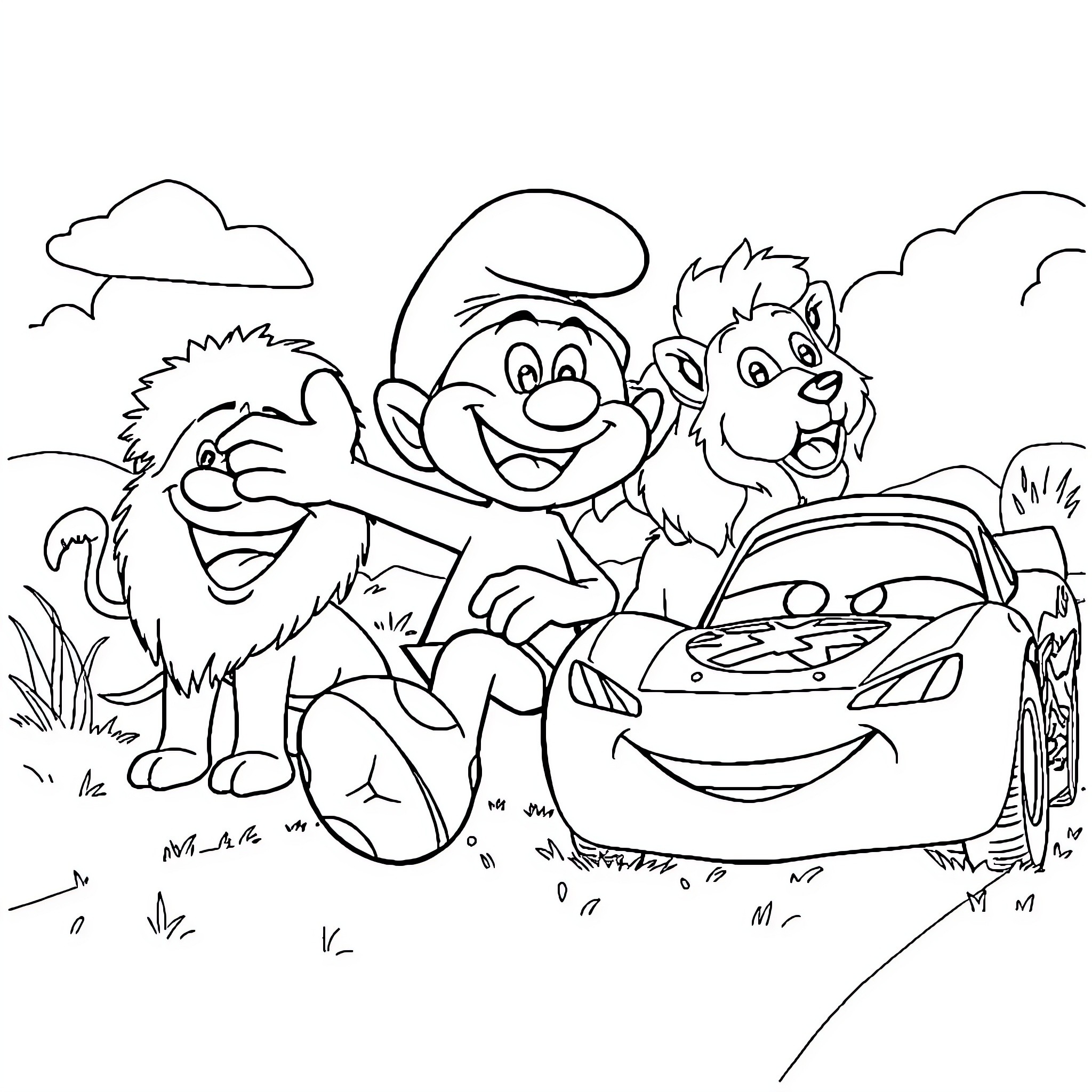 Smurfs enjoying a ride in a cartoon car Coloring Page (free black-and-white line drawing printable PDF for all, from beginners to advanced learners, including children, teens, adults, and seniors)