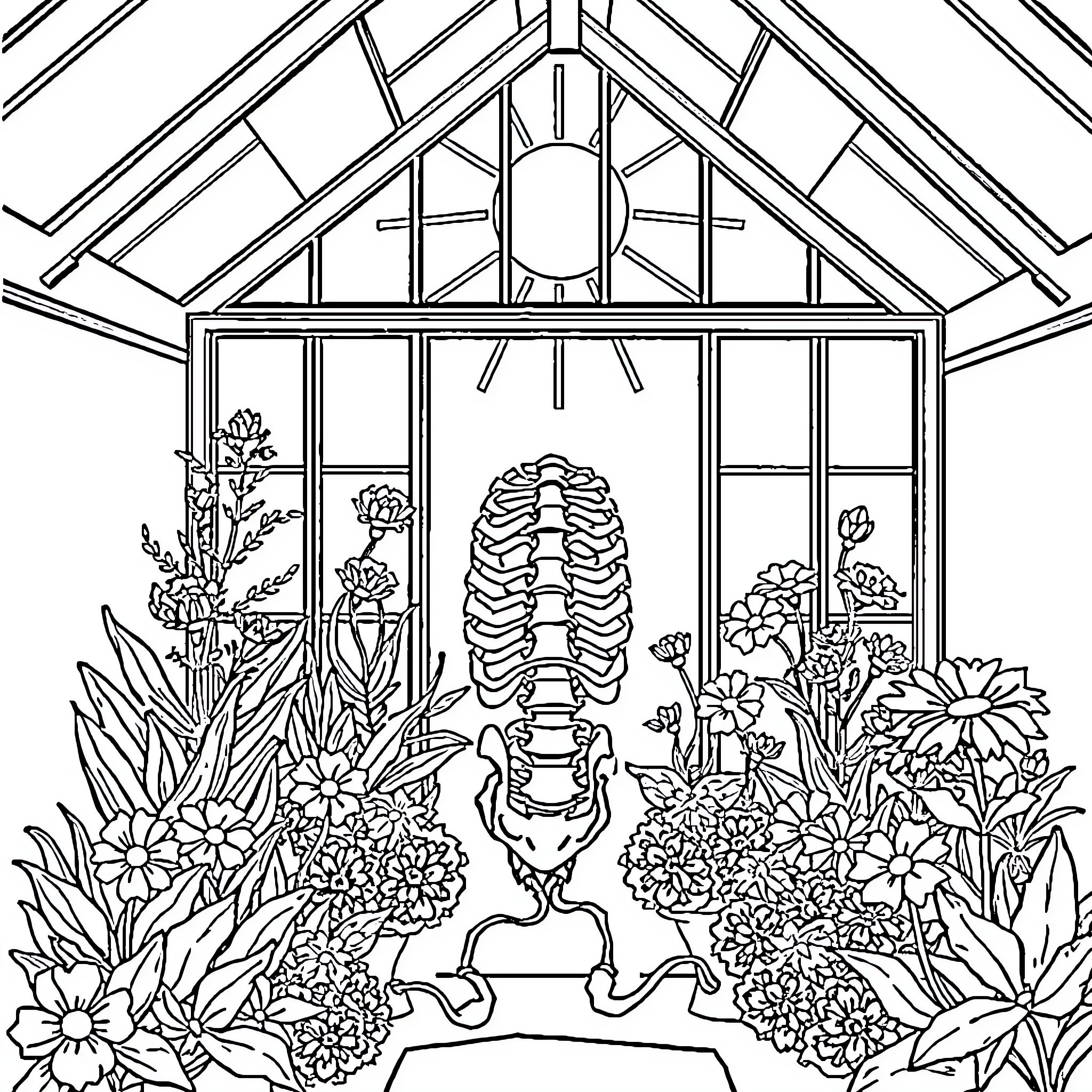 Bone Skeleton in a Vibrant Greenhouse Coloring Page (free black-and-white line drawing printable PDF for all, from beginners to advanced learners, including children, teens, adults, and seniors)
