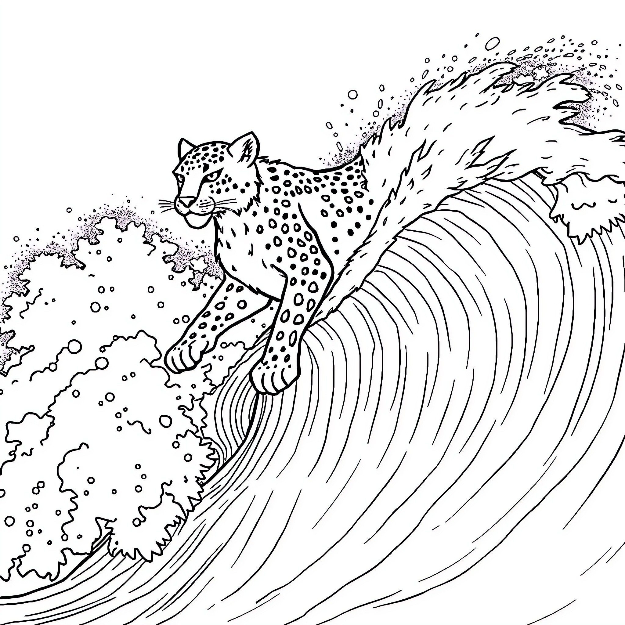 Snow Leopard surfing on a giant wave Coloring Page (free black-and-white line drawing printable PDF for all, from beginners to advanced learners, including children, teens, adults, and seniors)