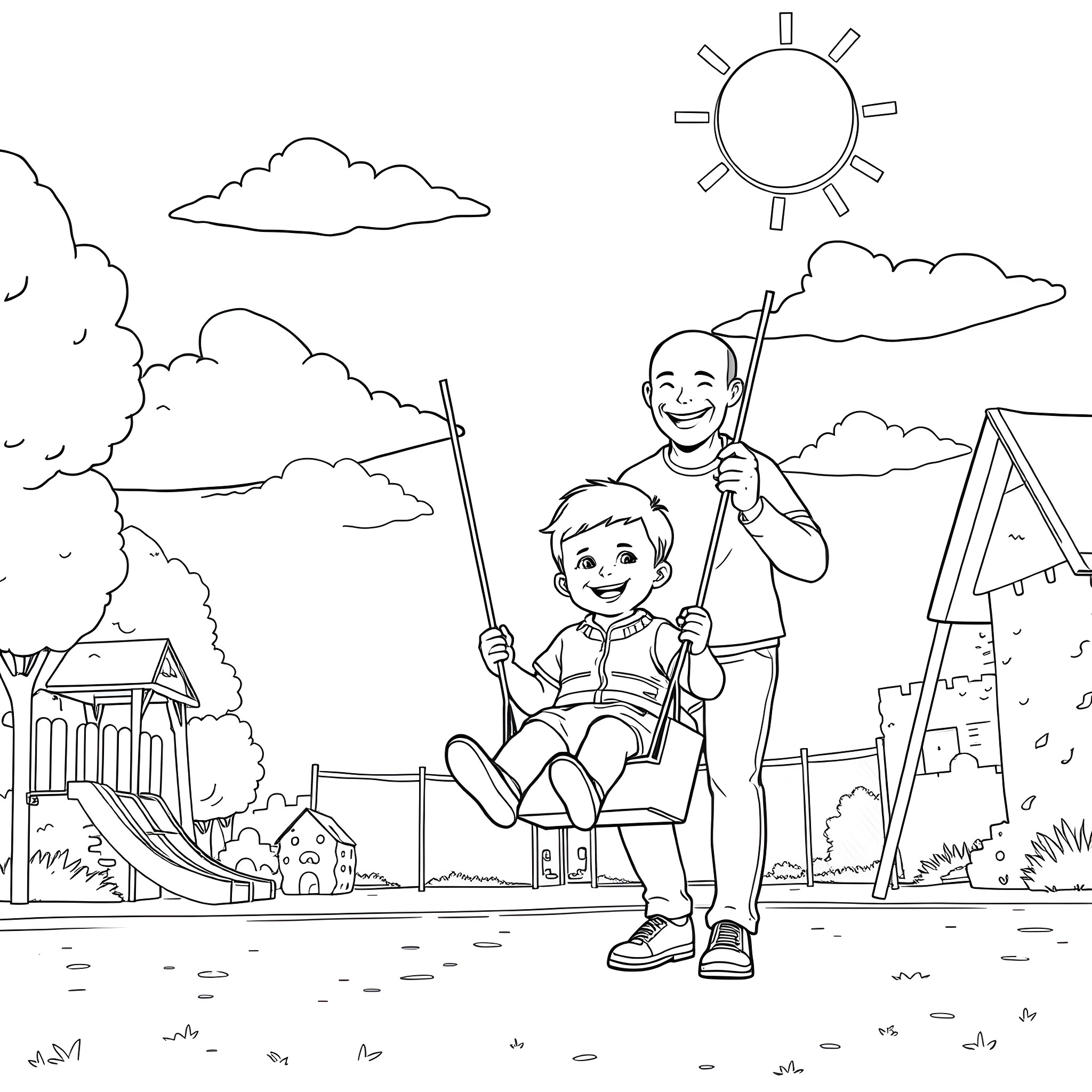 Dad and son playing outdoors on a sunny day Coloring Page (free black-and-white line drawing printable PDF for all, from beginners to advanced learners, including children, teens, adults, and seniors)