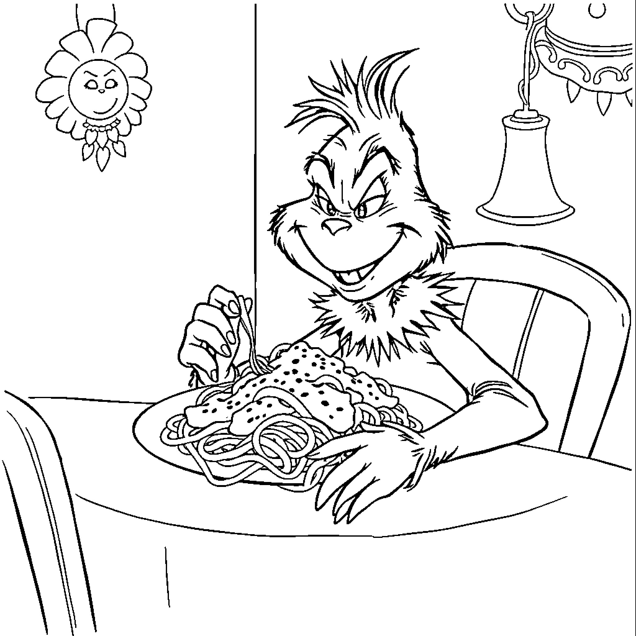 Grinch enjoying a hearty meal in the dining room Coloring Page (free black-and-white line drawing printable PDF for all, from beginners to advanced learners, including children, teens, adults, and seniors)