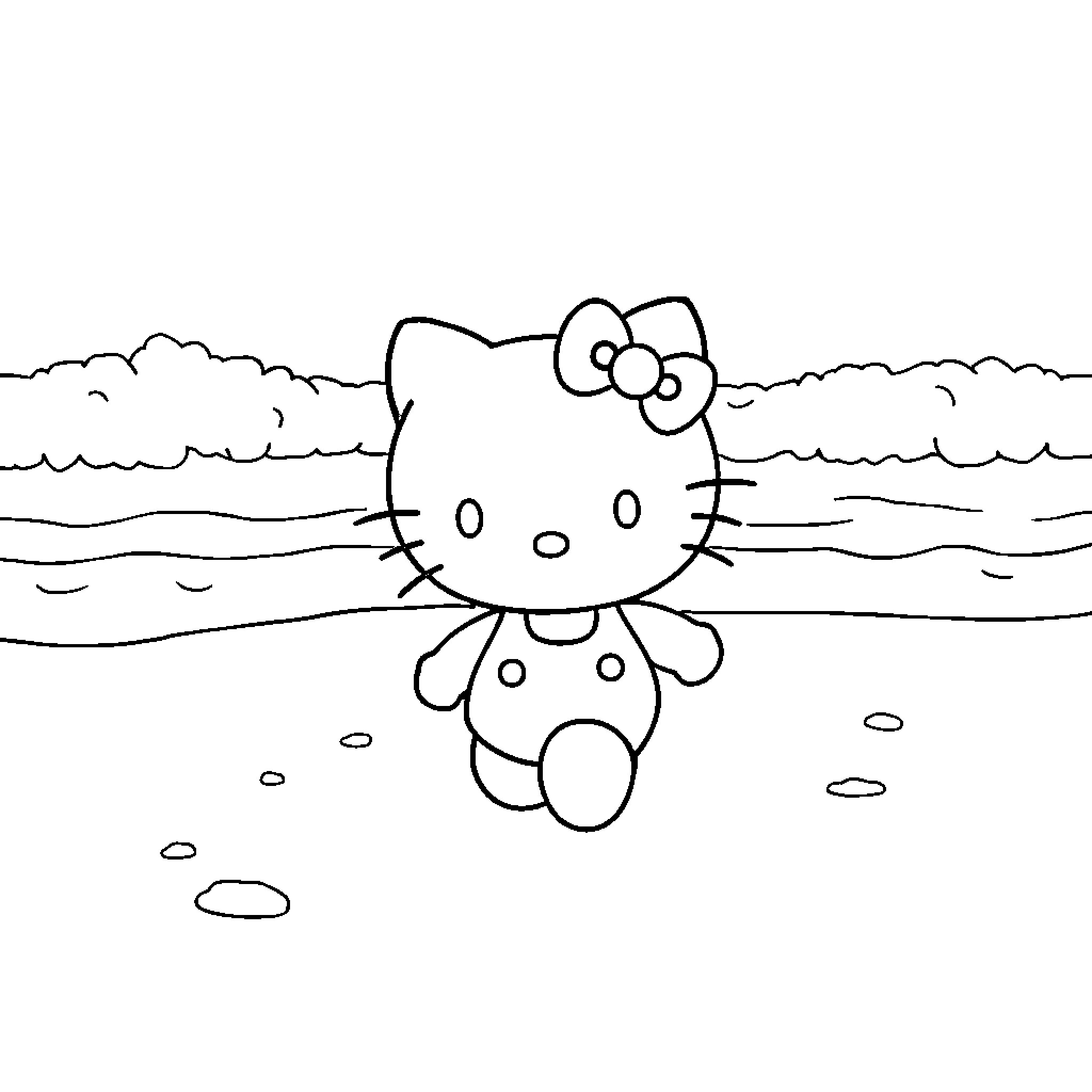 Hello Kitty enjoying a day at the beach Coloring Page (free black-and-white line drawing printable PDF for all, from beginners to advanced learners, including children, teens, adults, and seniors)