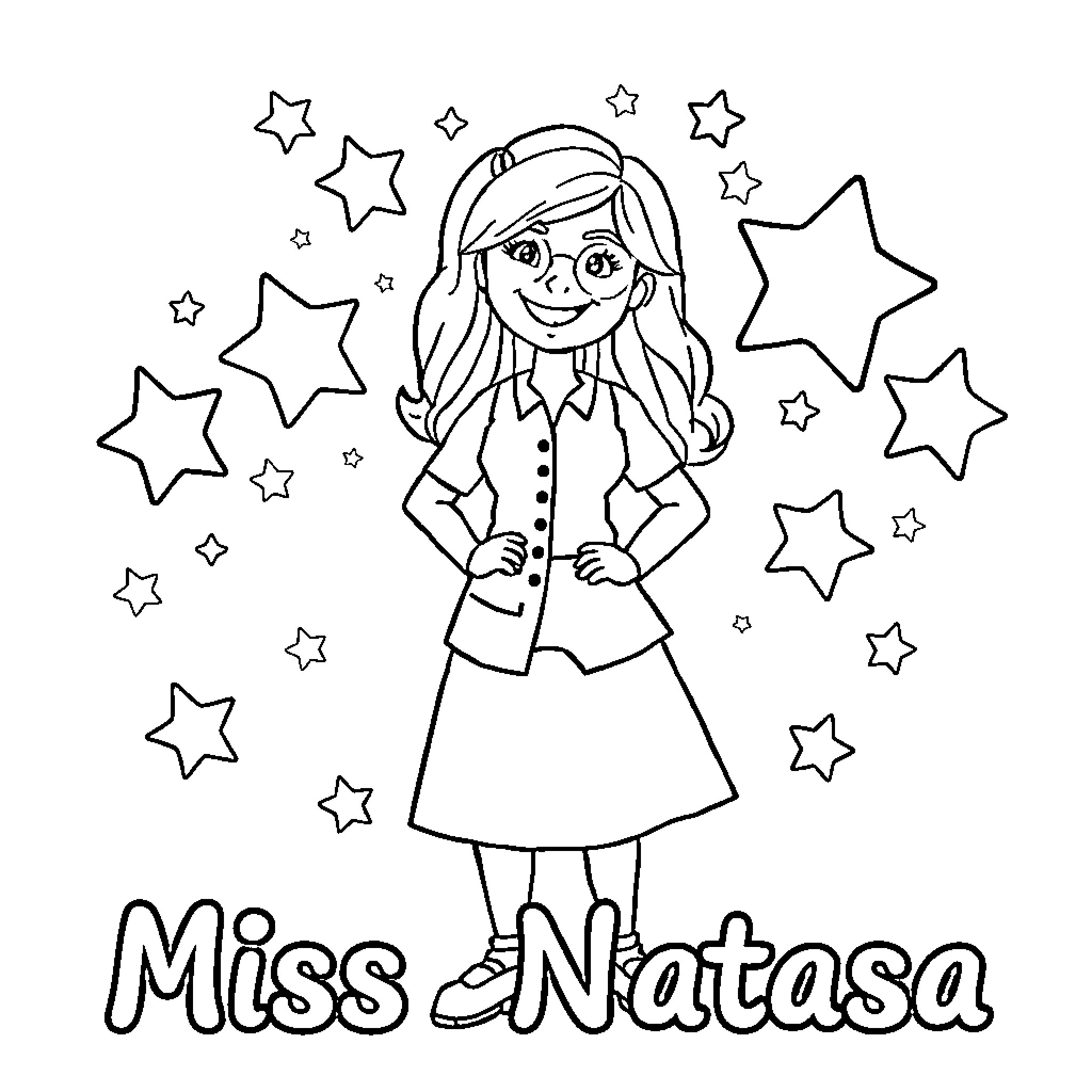 Teacher with Stars and Smiling Student Coloring Page (free black-and-white line drawing printable PDF for all, from beginners to advanced learners, including children, teens, adults, and seniors)