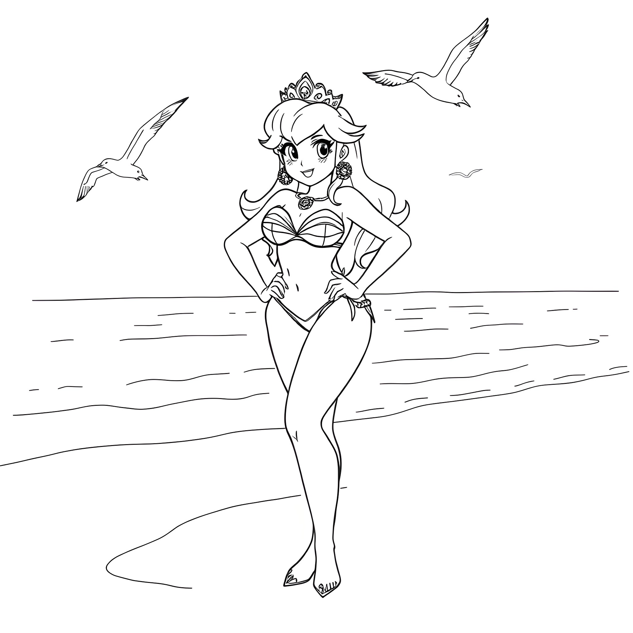 Princess in Bikini Walking on Beach with Seagulls Coloring Page (free black-and-white line drawing printable PDF for all, from beginners to advanced learners, including children, teens, adults, and seniors)