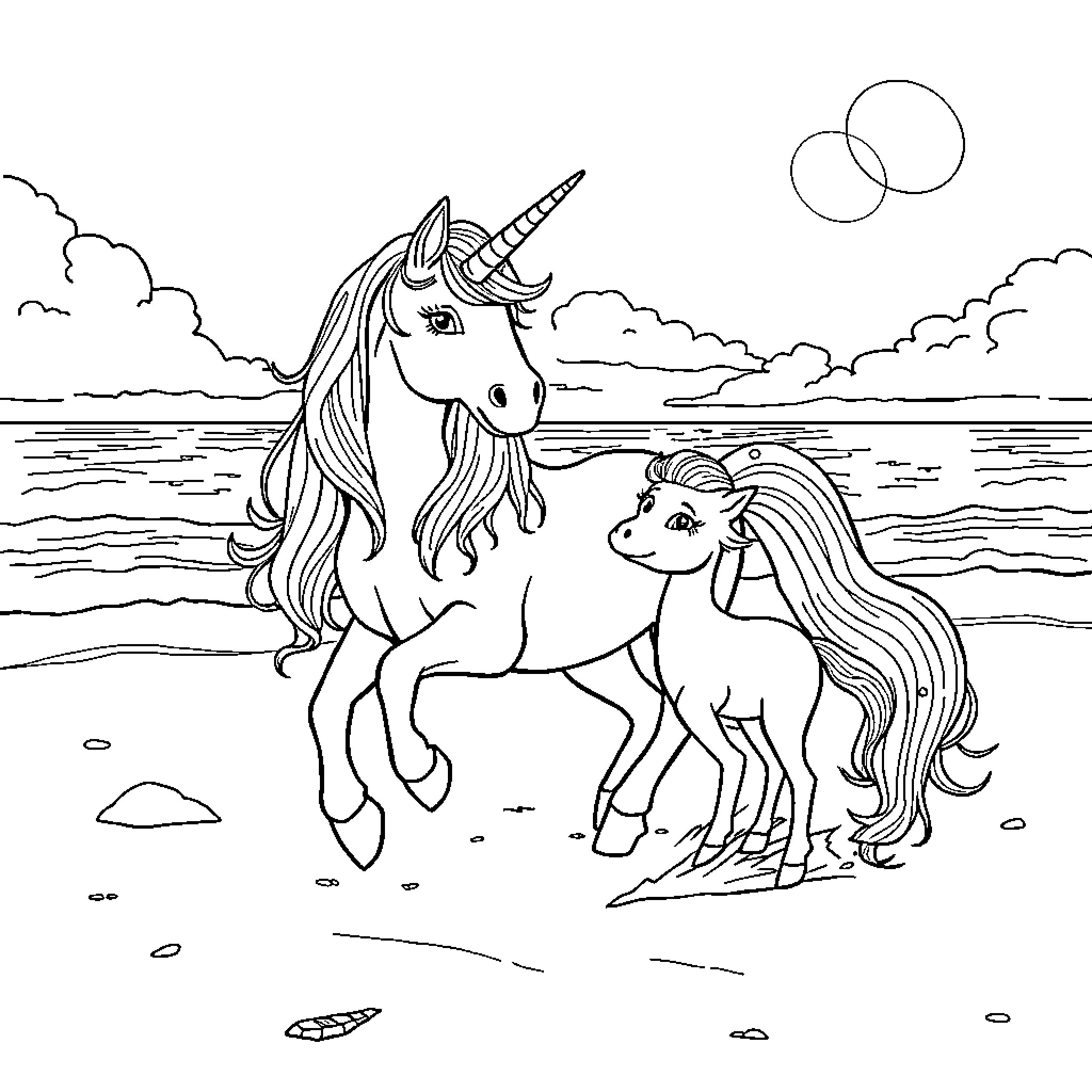 Unicorns enjoying the magical sunset by the lake Coloring Page (free black-and-white line drawing printable PDF for all, from beginners to advanced learners, including children, teens, adults, and seniors)