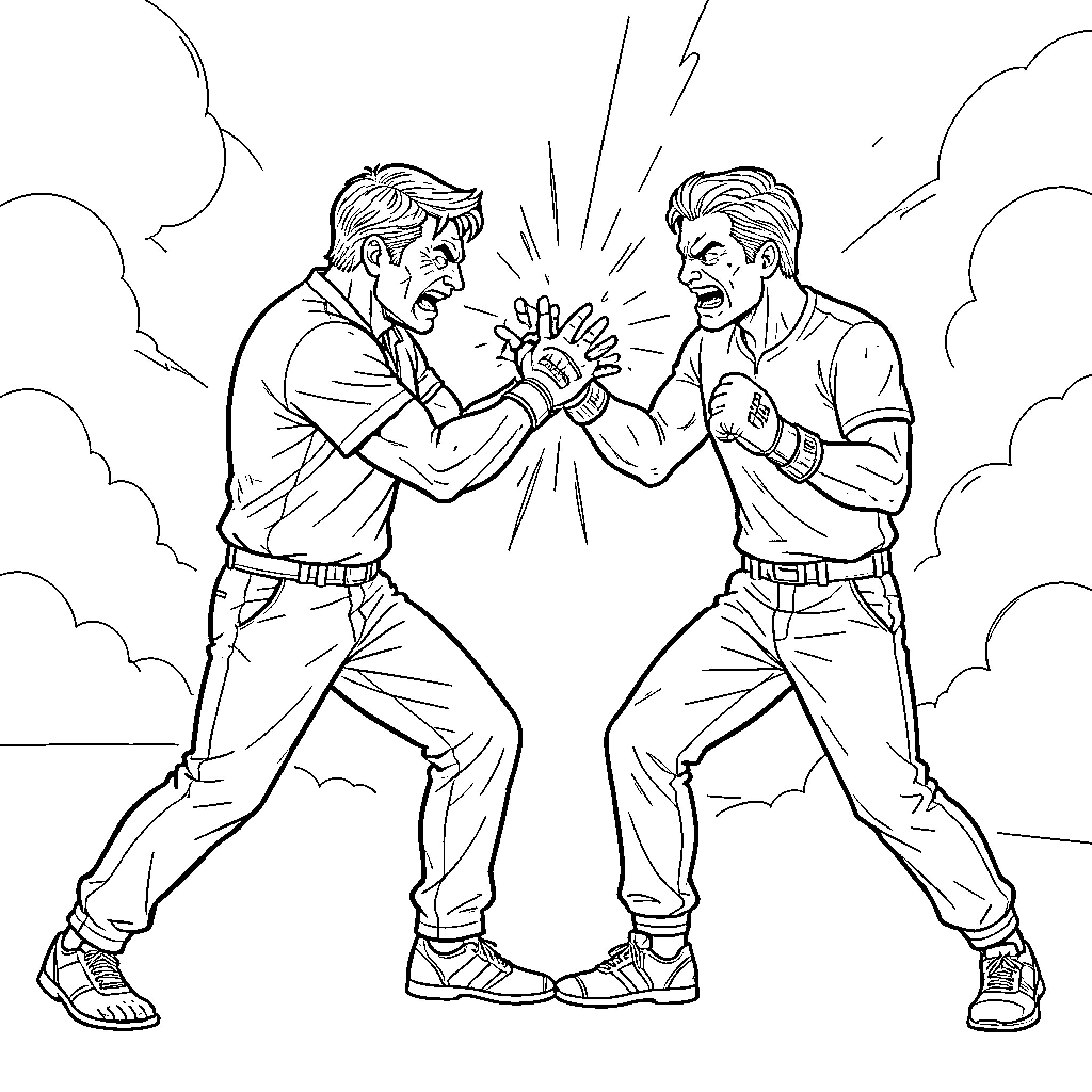 Fighting men engaged in an intense physical struggle Coloring Page (free black-and-white line drawing printable PDF for all, from beginners to advanced learners, including children, teens, adults, and seniors)