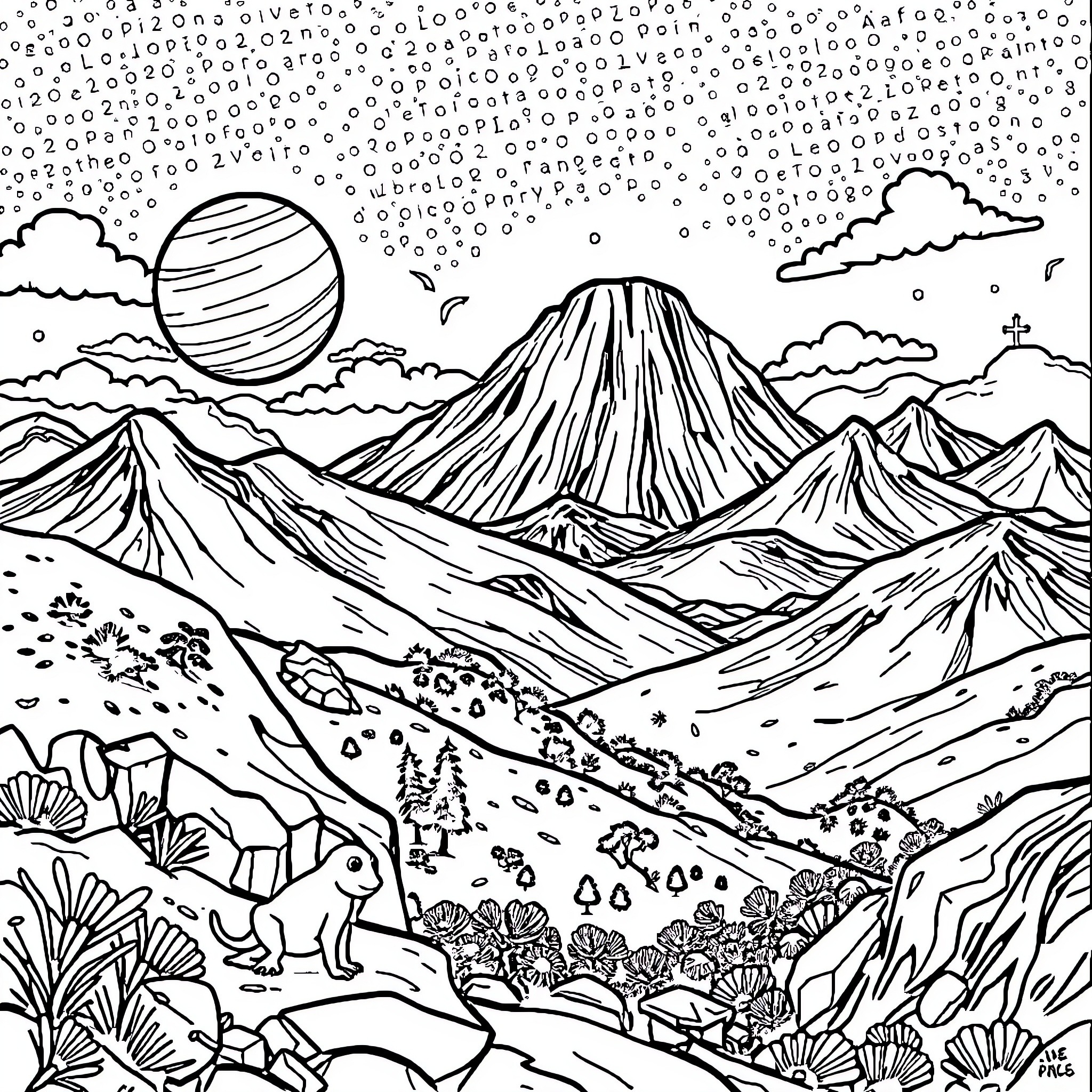 Planet of Majestic Landscapes and Curious Creatures Coloring Page (free black-and-white line drawing printable PDF for all, from beginners to advanced learners, including children, teens, adults, and seniors)