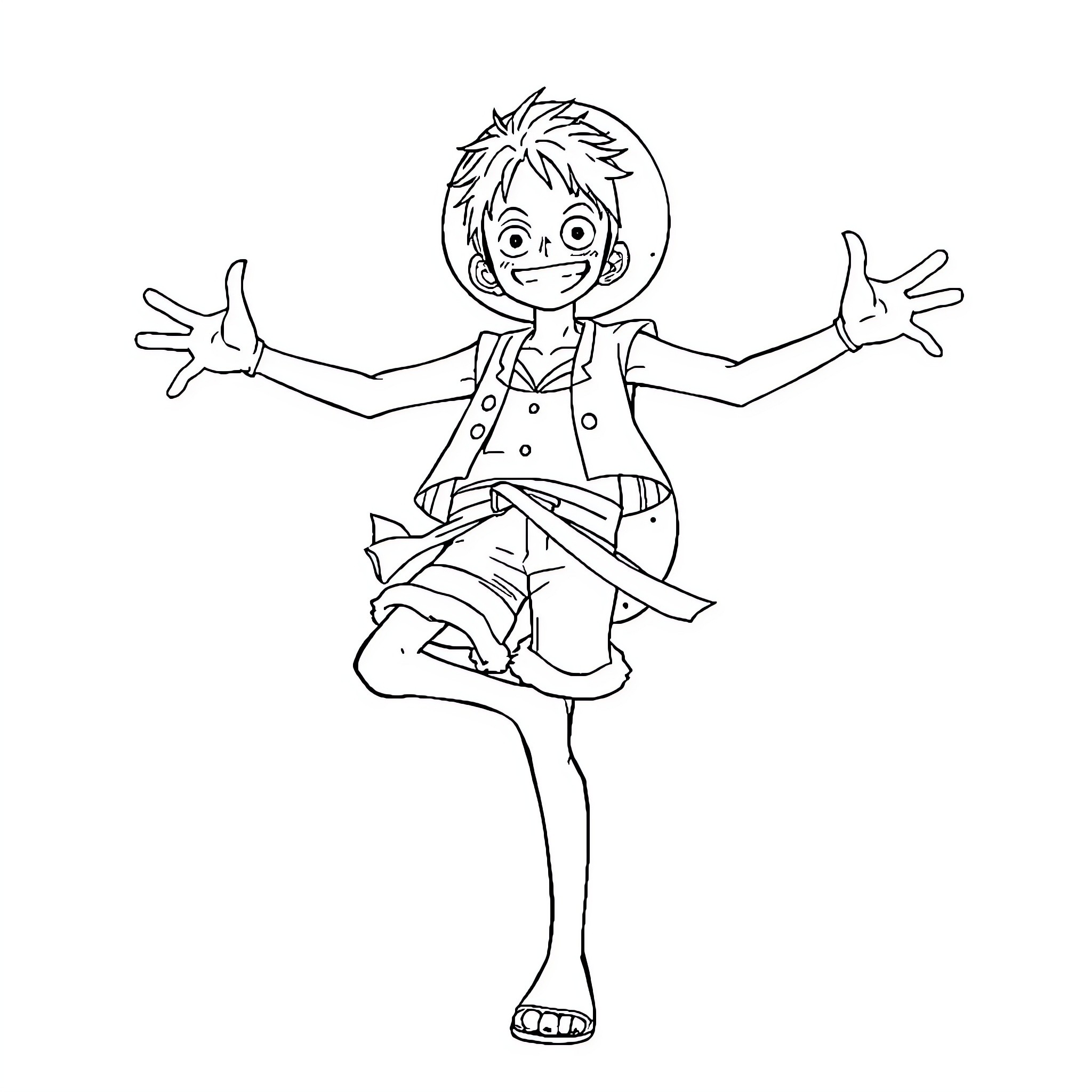 Luffy's Energetic Pose and Attire Coloring Page (free black-and-white line drawing printable PDF for all, from beginners to advanced learners, including children, teens, adults, and seniors)