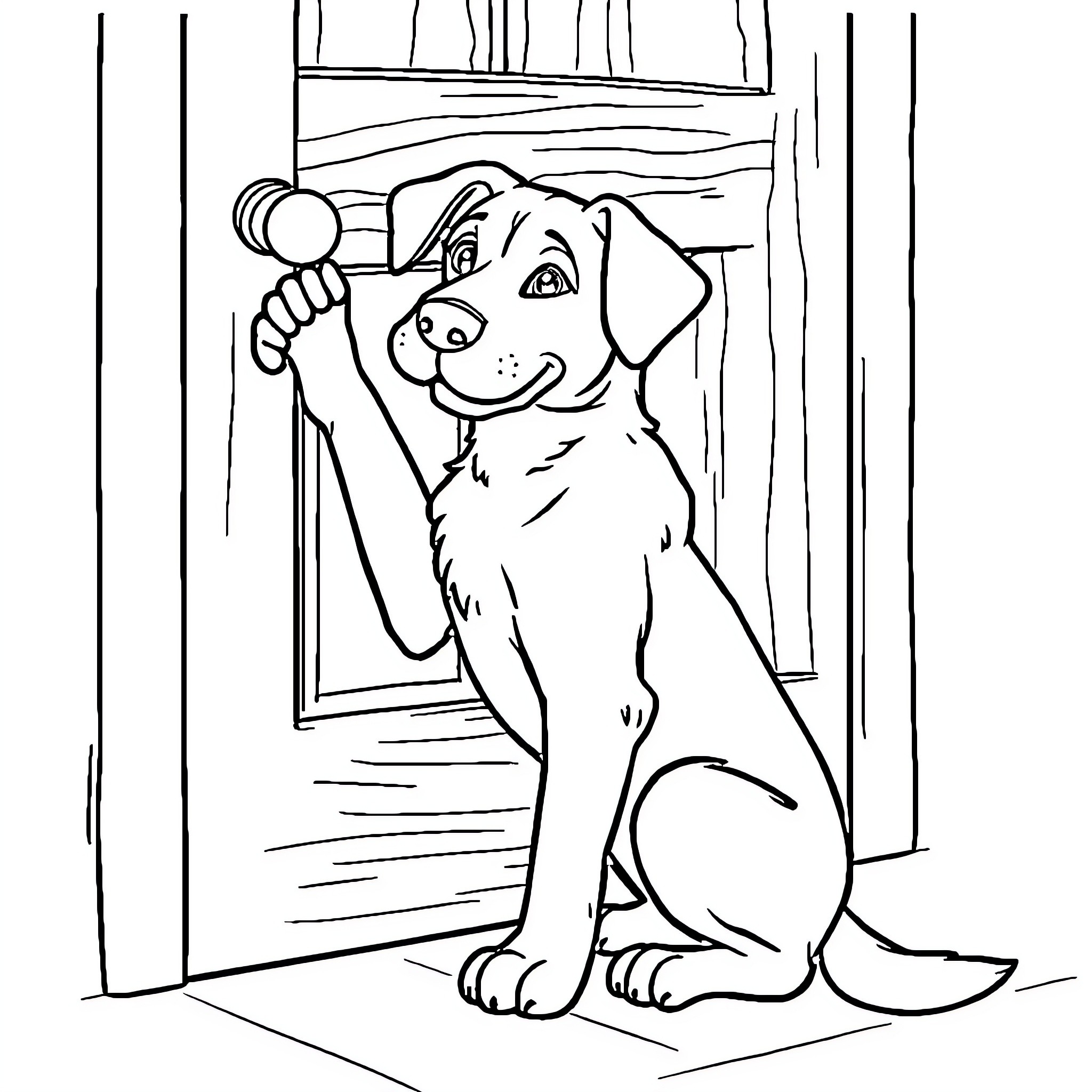 Dog sitting by a doorway Coloring Page (free black-and-white line drawing printable PDF for all, from beginners to advanced learners, including children, teens, adults, and seniors)