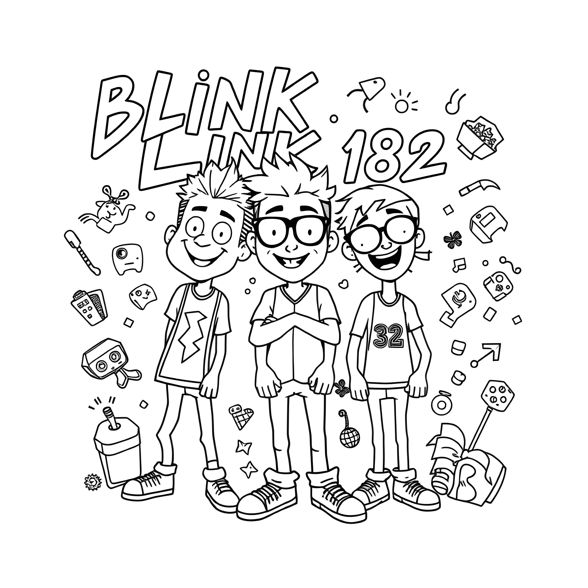 Blink 182 Band Members in Casual Outfits Coloring Page (free black-and-white line drawing printable PDF for all, from beginners to advanced learners, including children, teens, adults, and seniors)