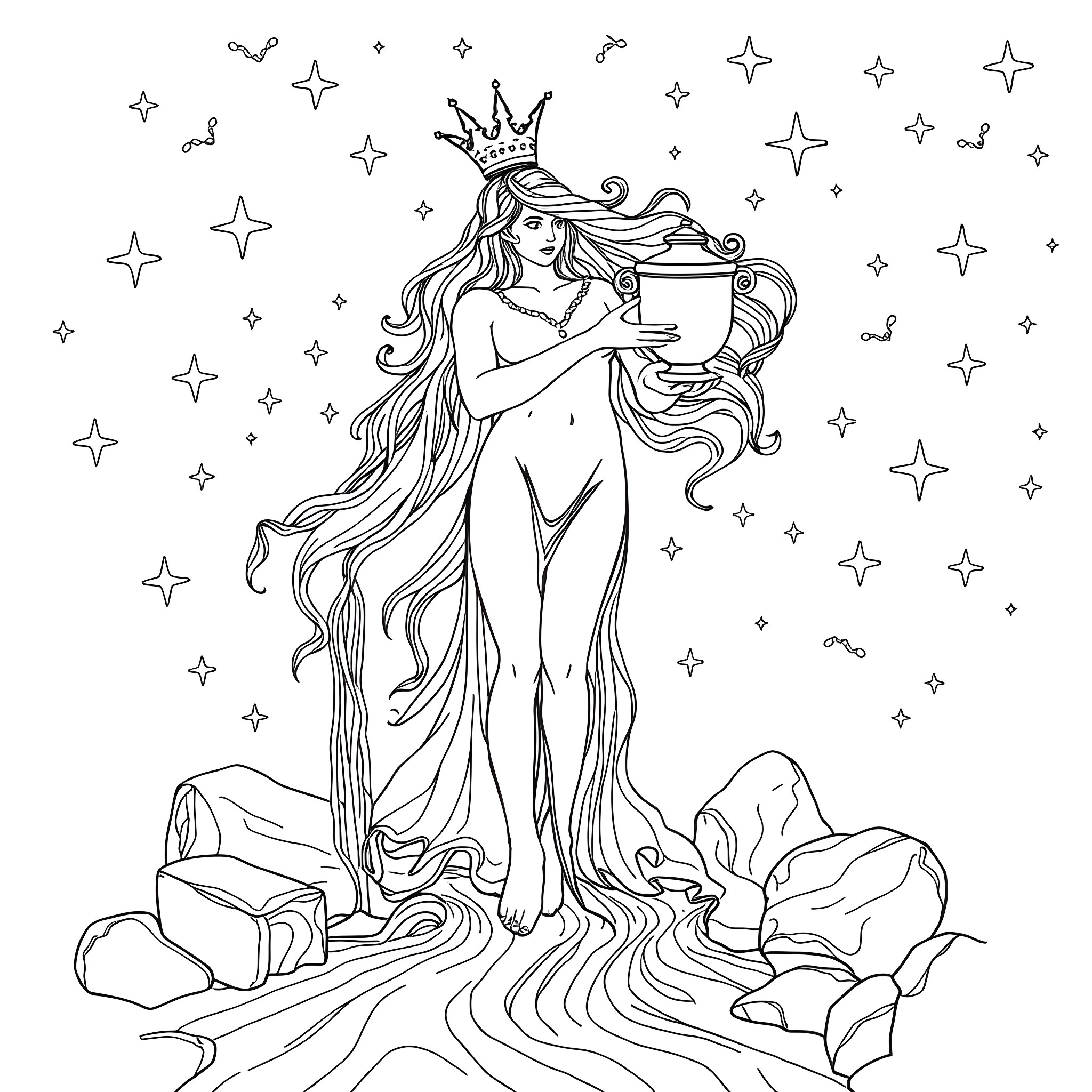 Aquarius: Celestial Maiden Pouring Cosmic Essence Coloring Page (free black-and-white line drawing printable PDF for all, from beginners to advanced learners, including children, teens, adults, and seniors)