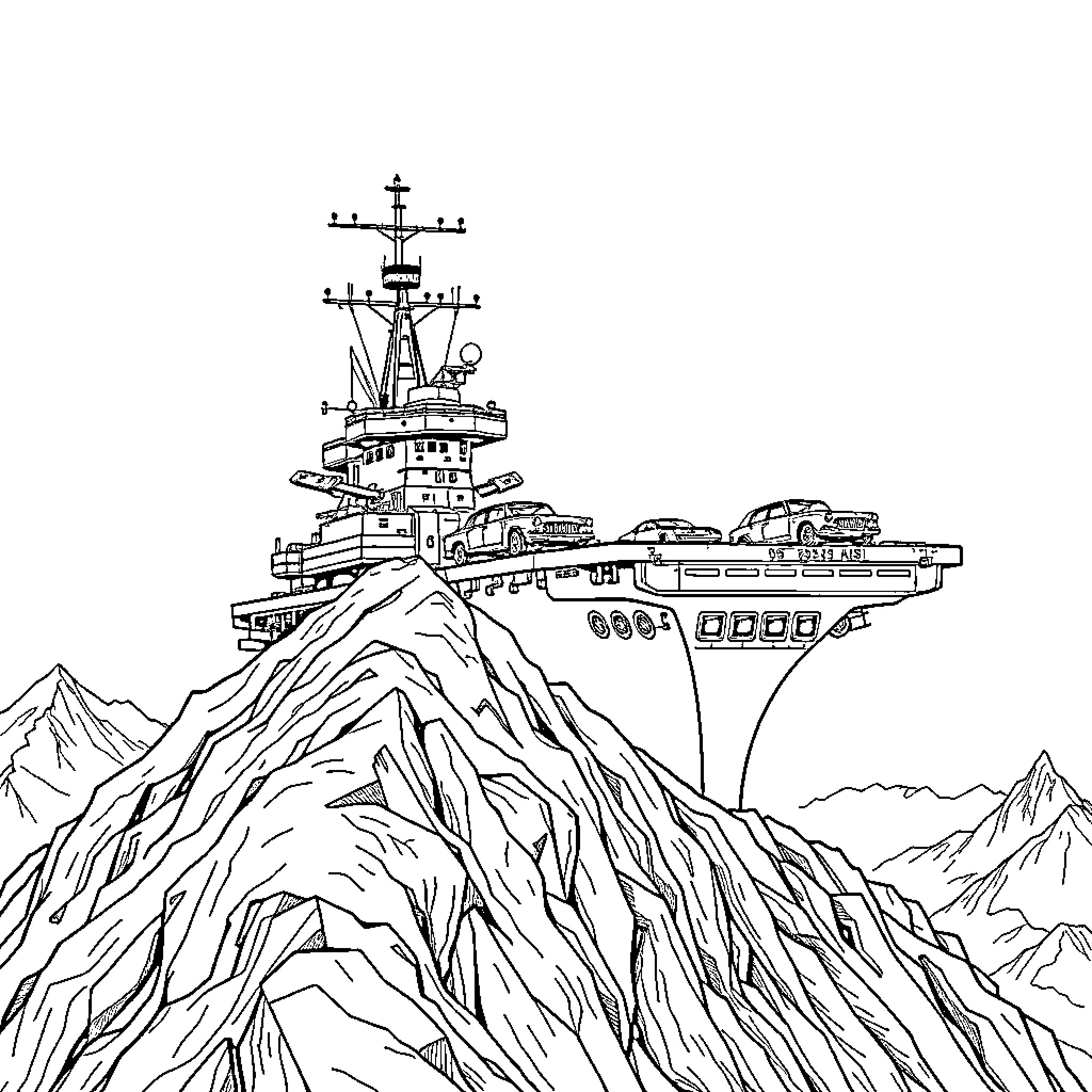 Aircraft Carrier Atop Rugged Mountain Landscape Coloring Page (free black-and-white line drawing printable PDF for all, from beginners to advanced learners, including children, teens, adults, and seniors)