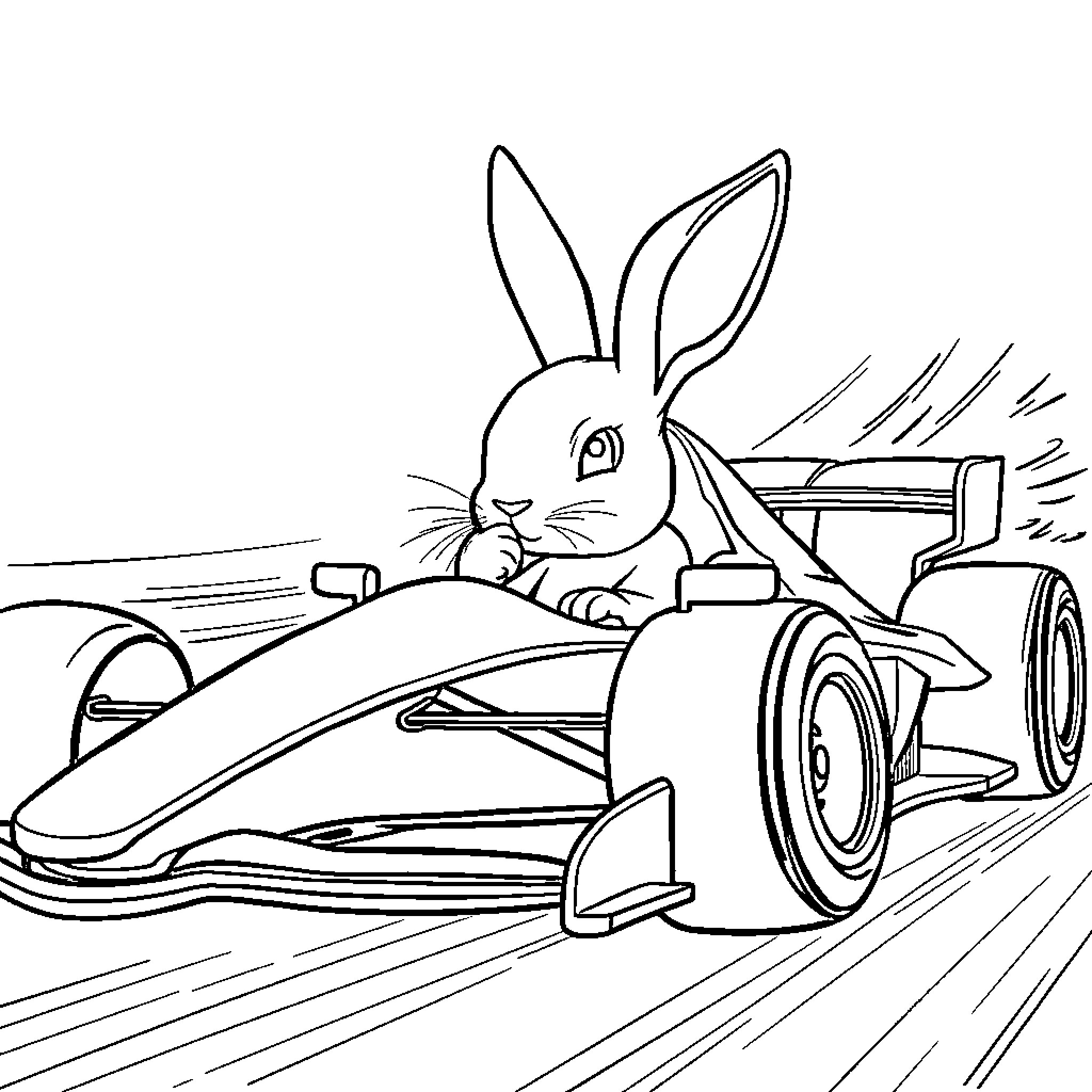 Lapin racing in a speedy Formula car Coloring Page (free black-and-white line drawing printable PDF for all, from beginners to advanced learners, including children, teens, adults, and seniors)