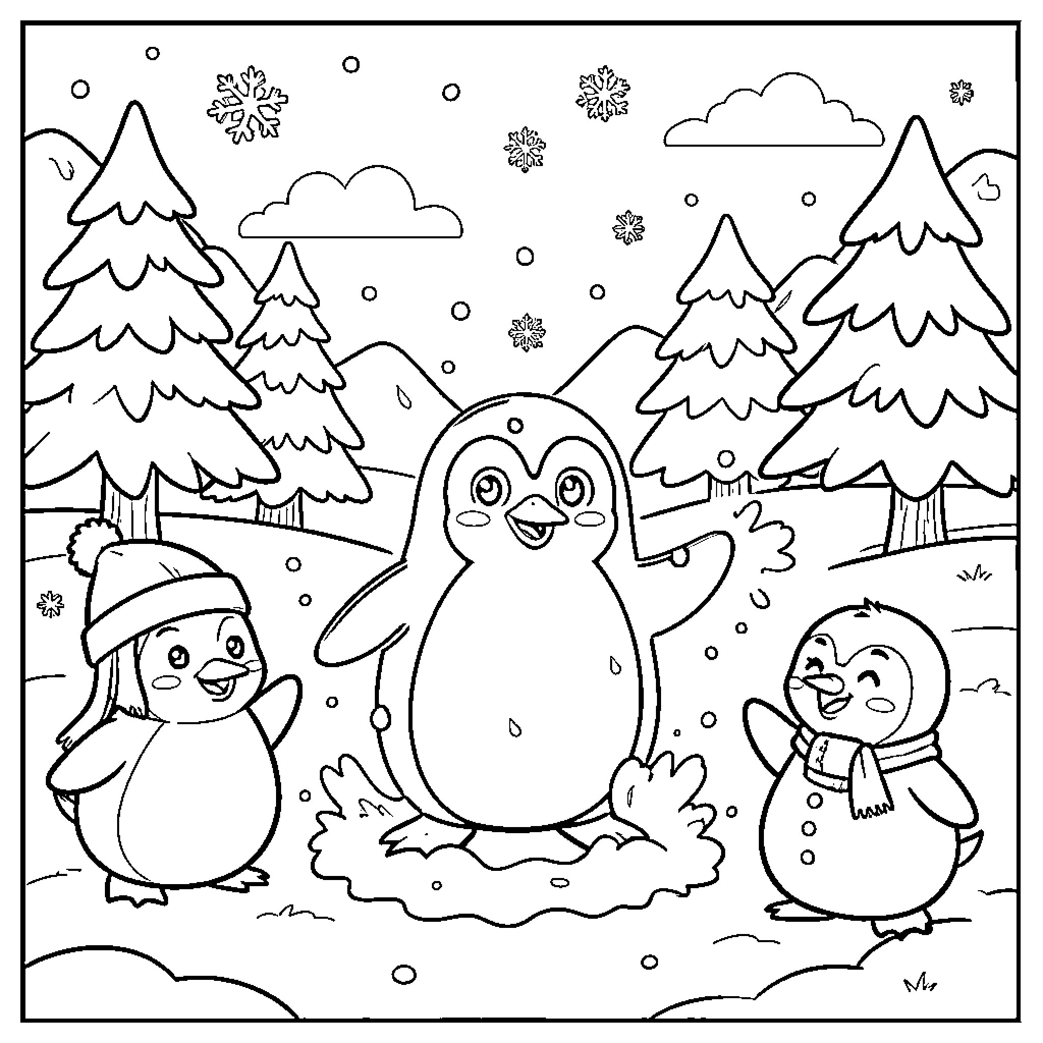 Pingu and friends playing joyfully in the snow Coloring Page (free black-and-white line drawing printable PDF for all, from beginners to advanced learners, including children, teens, adults, and seniors)
