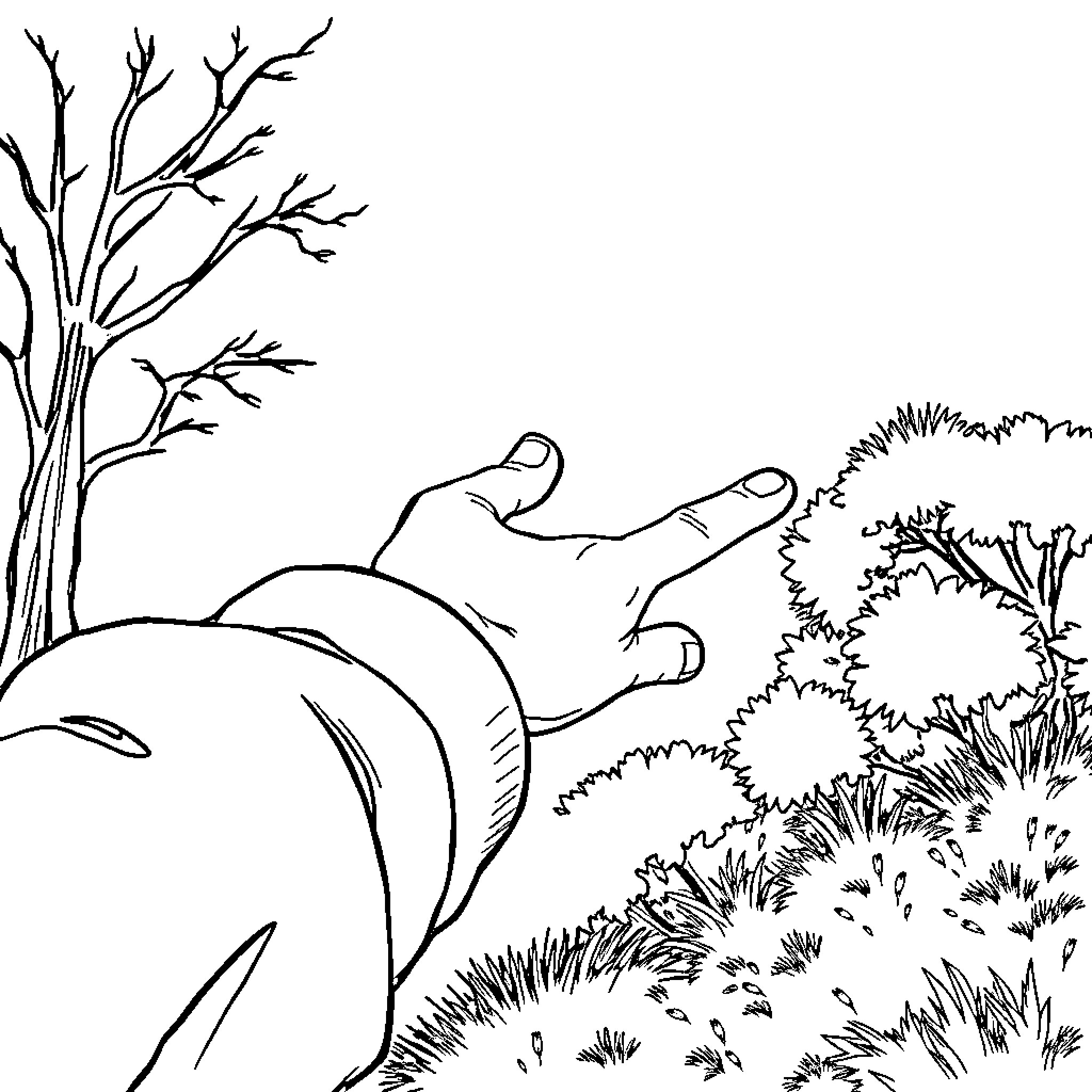 Arm resting peacefully in nature Coloring Page (free black-and-white line drawing printable PDF for all, from beginners to advanced learners, including children, teens, adults, and seniors)