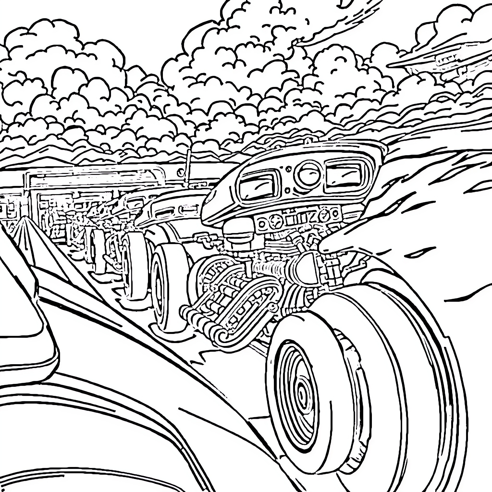Engine-powered vehicles on a stormy journey Coloring Page (free black-and-white line drawing printable PDF for all, from beginners to advanced learners, including children, teens, adults, and seniors)