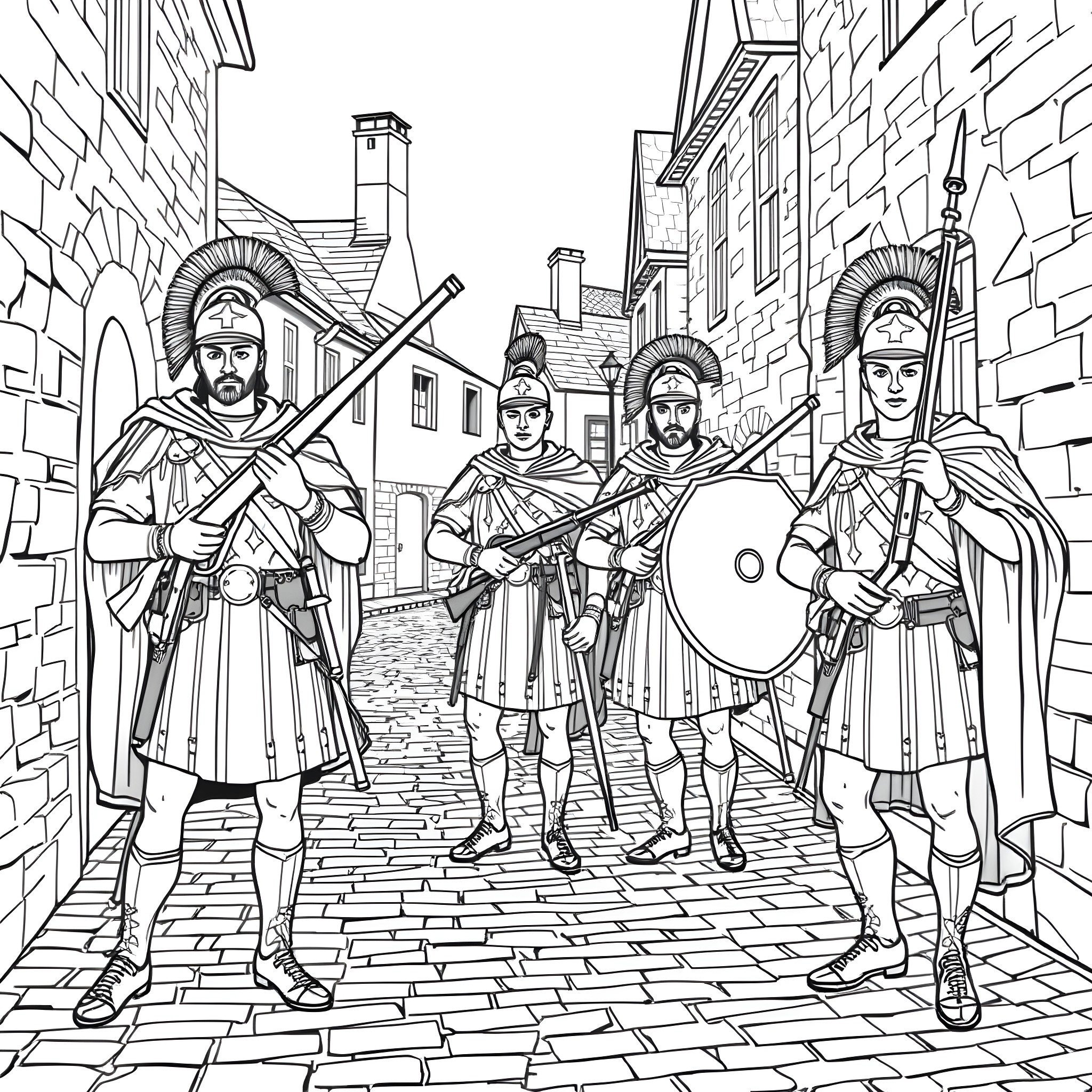 Legionary Soldiers in Formation on Cobblestone Street Coloring Page (free black-and-white line drawing printable PDF for all, from beginners to advanced learners, including children, teens, adults, and seniors)