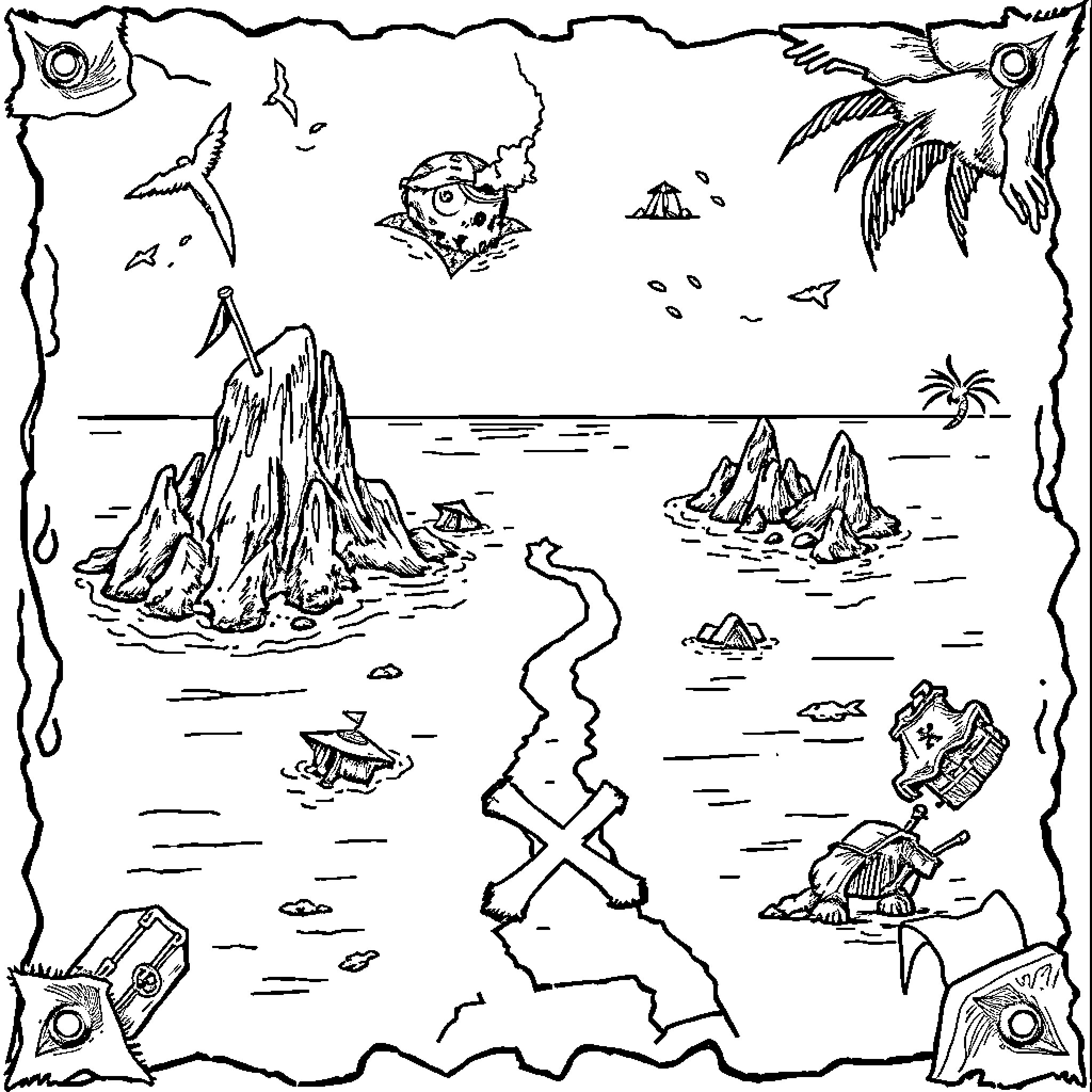 Treasure Map of Mysterious Tropical Islands and Shipwrecks Coloring Page (free black-and-white line drawing printable PDF for all, from beginners to advanced learners, including children, teens, adults, and seniors)